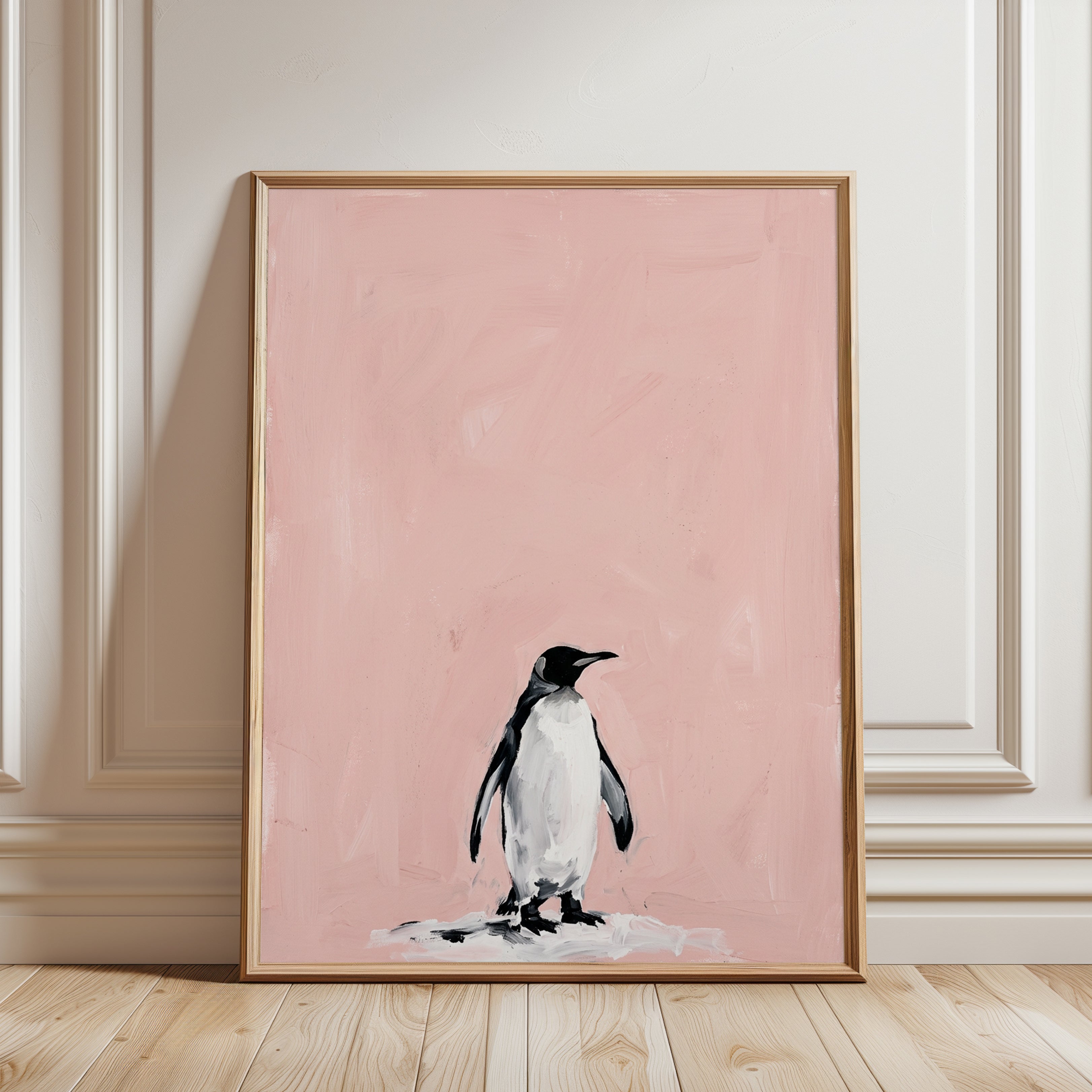 Penguin Art Print — Soft Pink Minimalist Animal Painting - framed detail