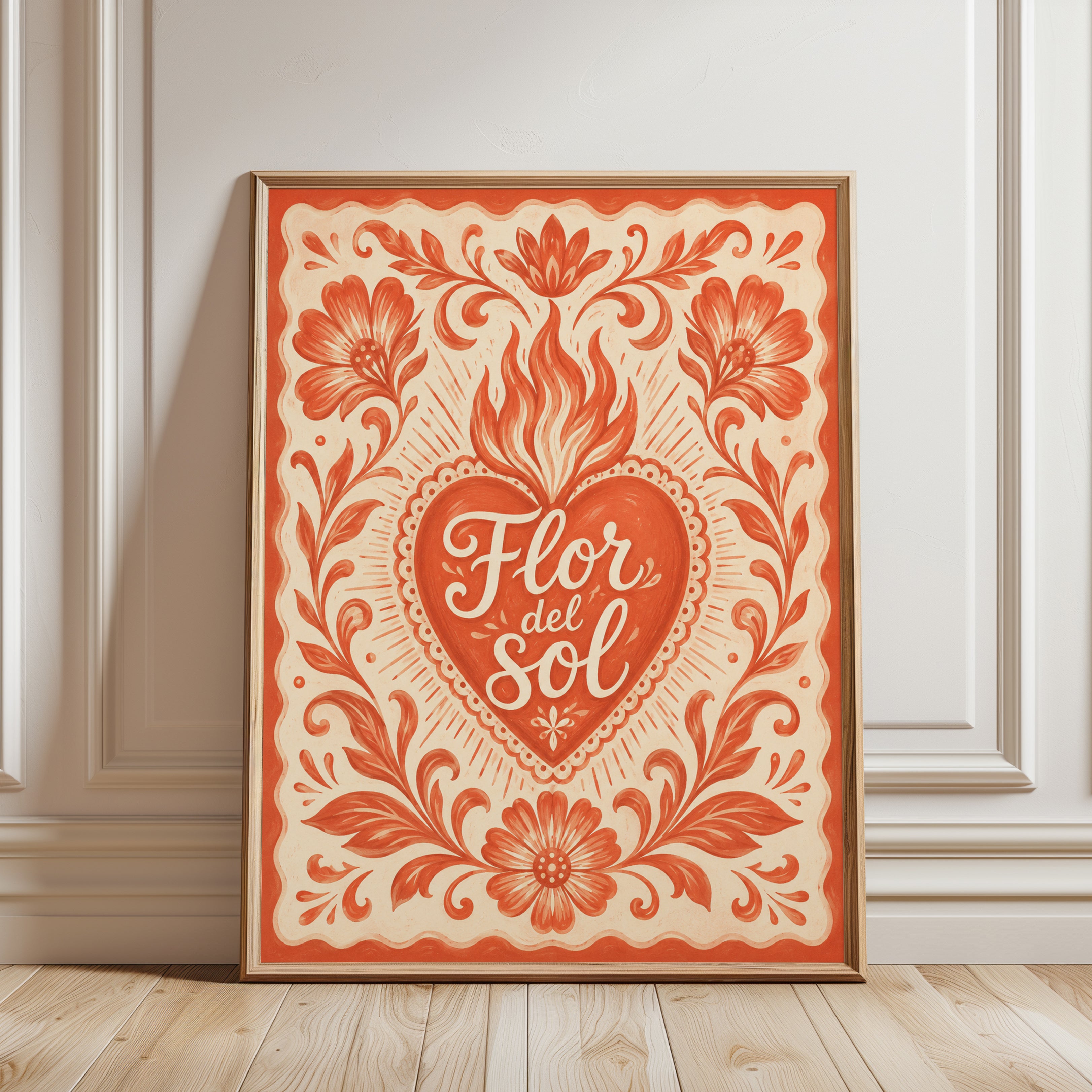 Mexican Folk Art Print – Sacred Heart Wall Art - framed detail