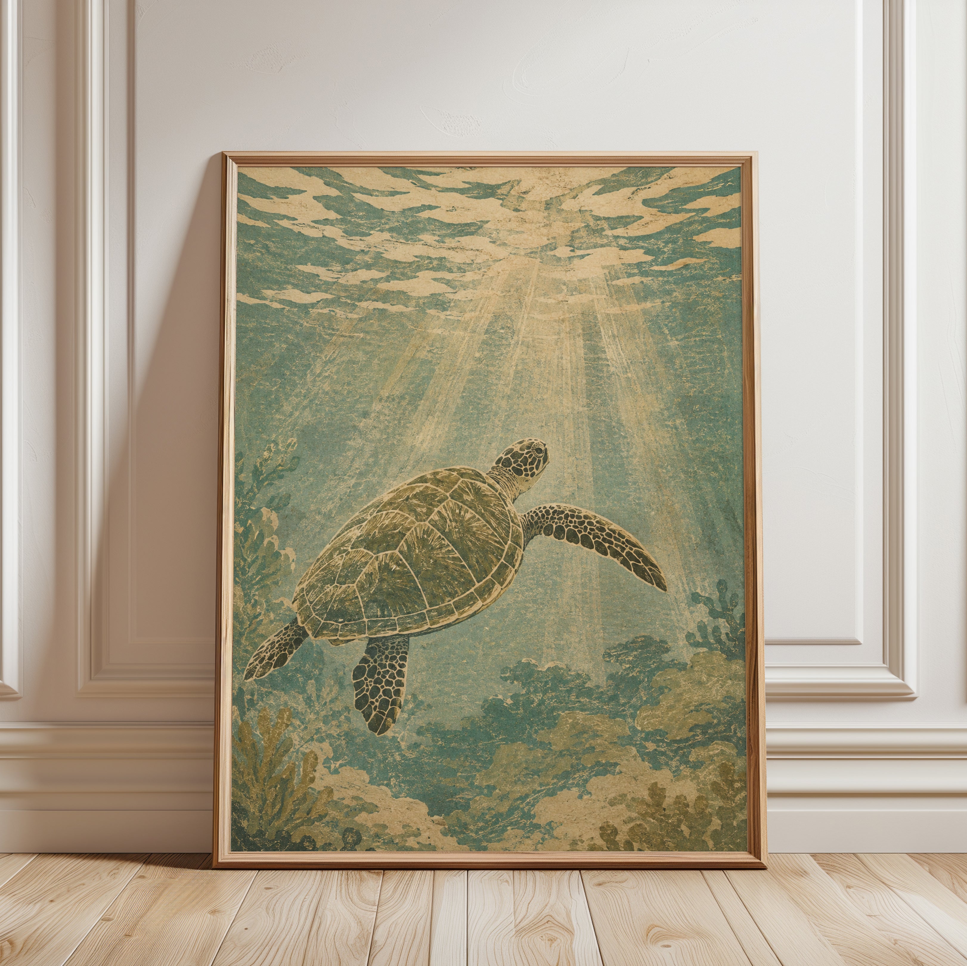 Sea Turtle Wall Art – Vintage Ocean Print - framed detail