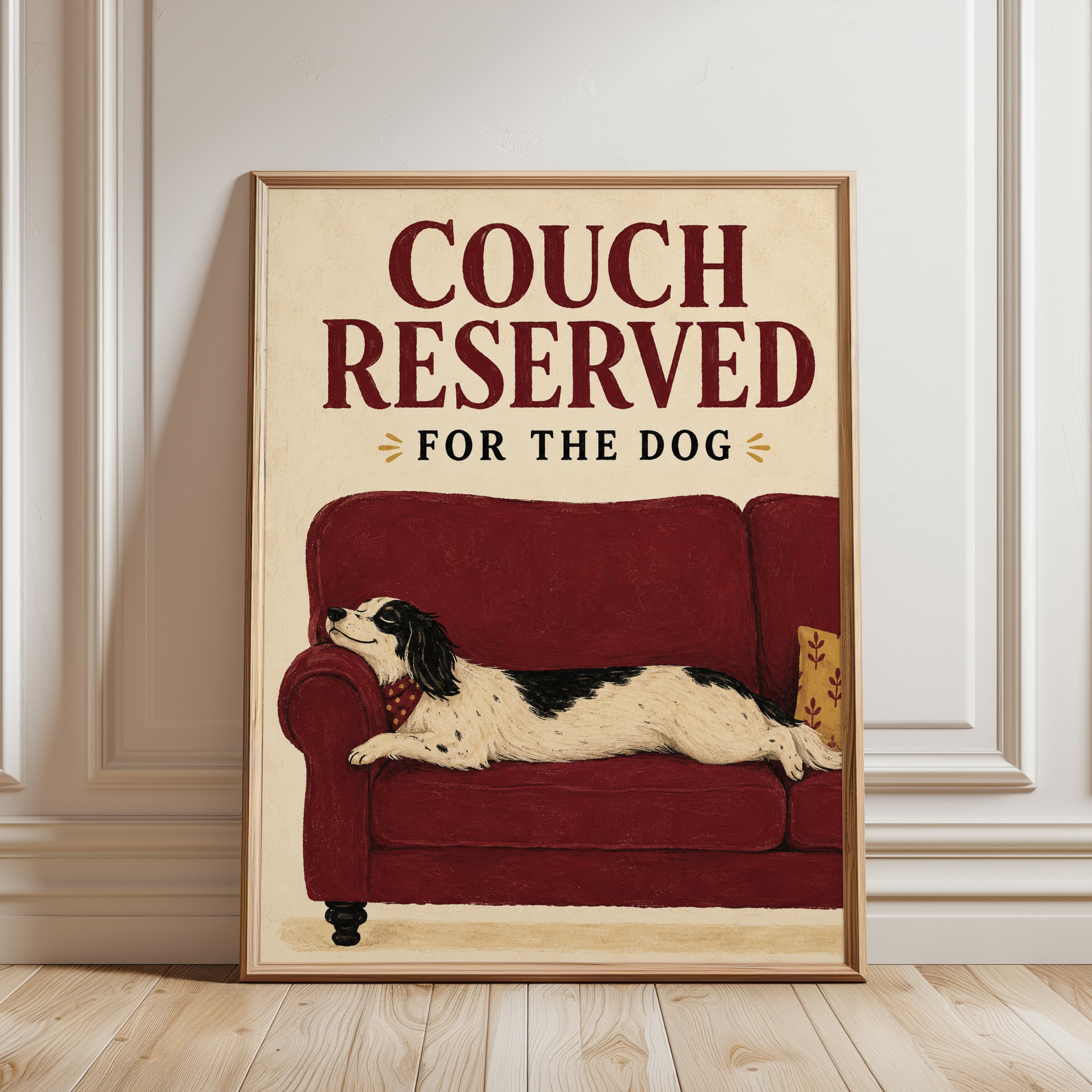 Funny Dog Poster – Vintage Spaniel Couch Print - framed detail