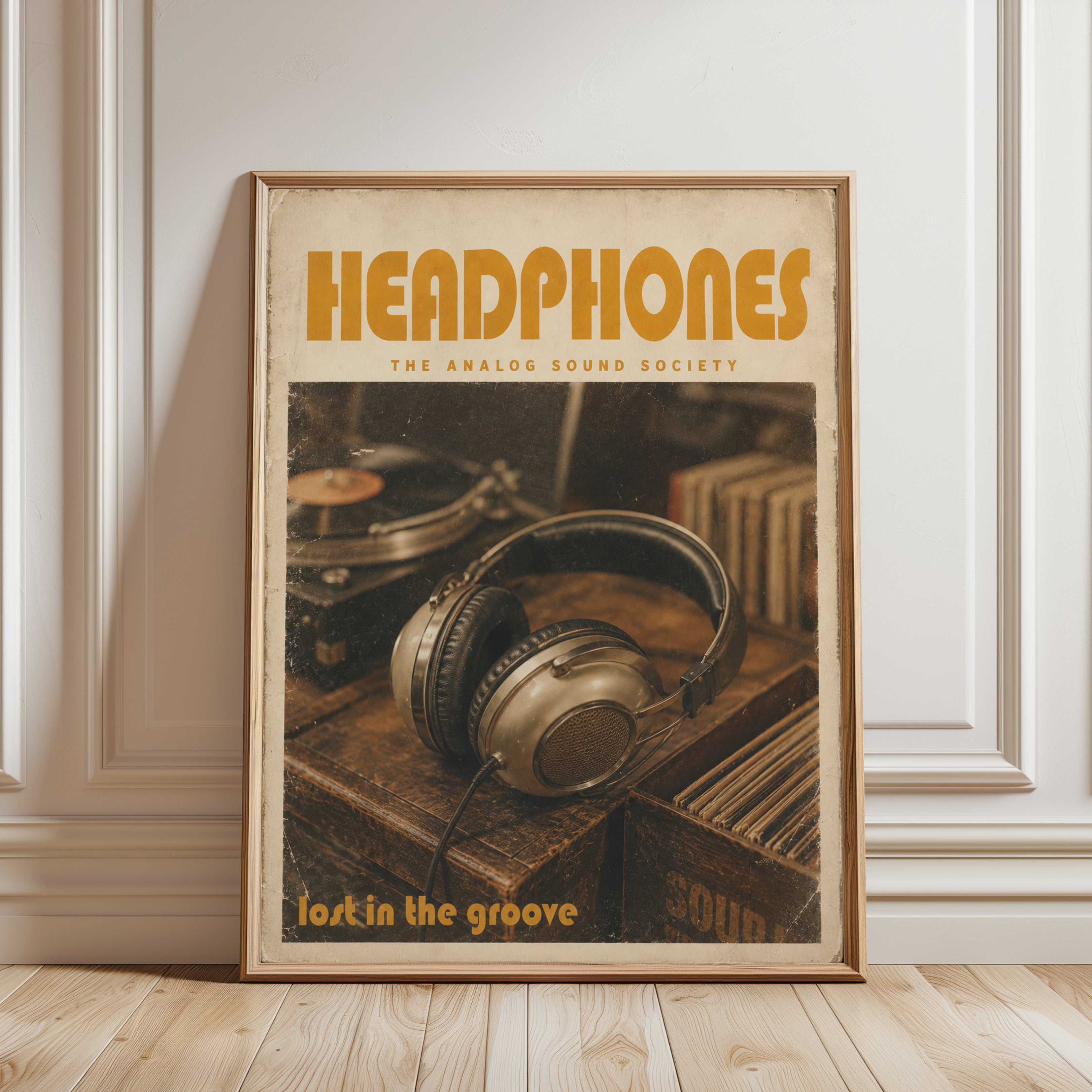 Vintage Headphones Poster — Retro Analog Sound Society - framed detail