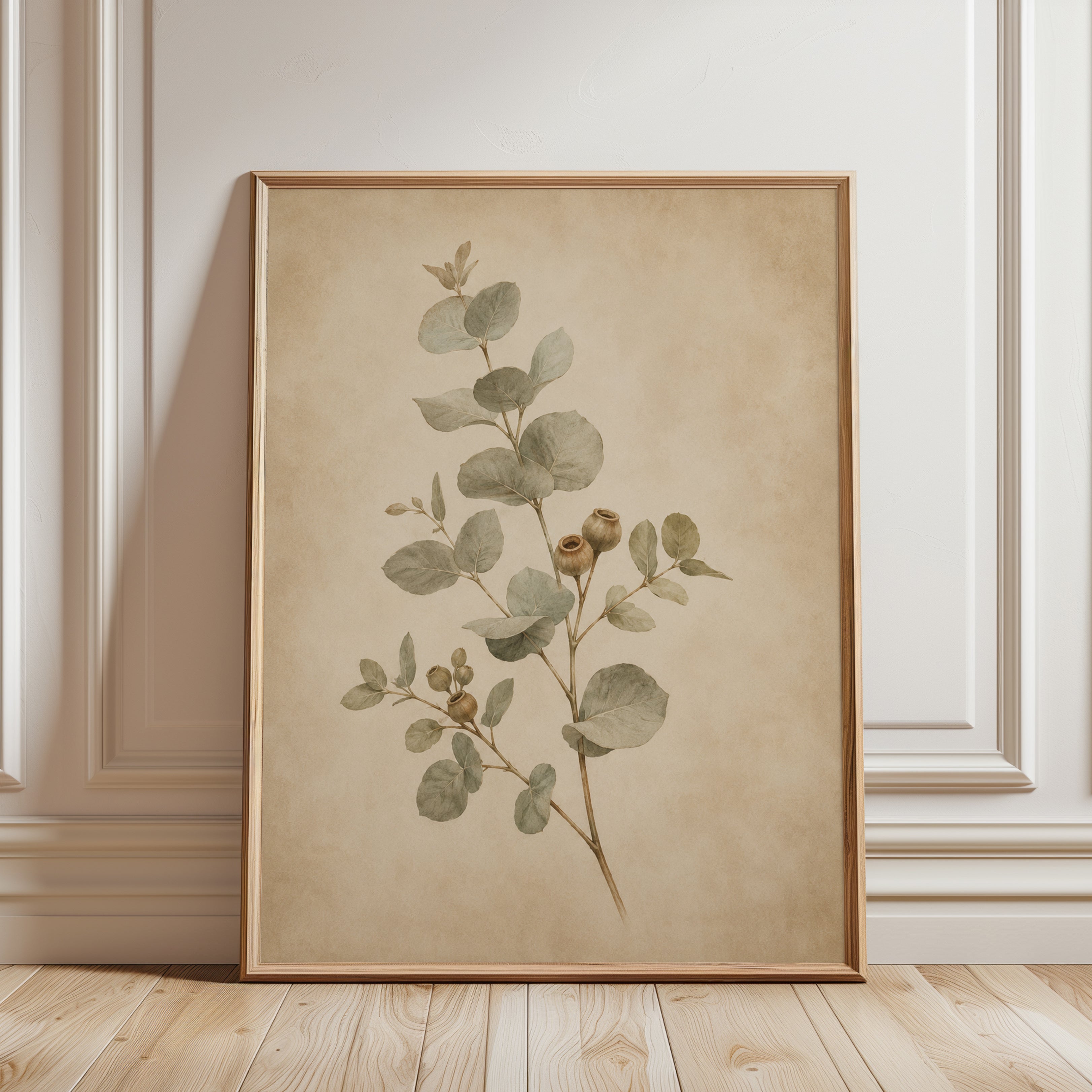 Eucalyptus Botanical Print — Soft Watercolor Branches - framed detail
