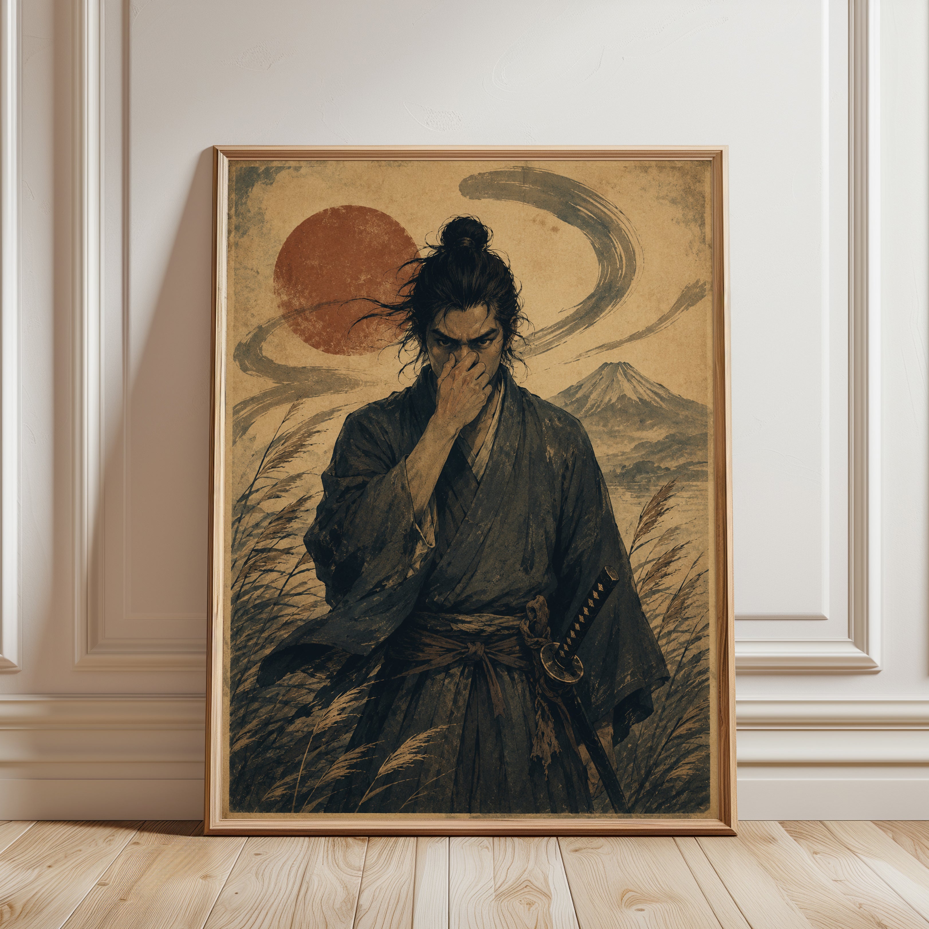 Funny Bathroom Poster Samurai Art Print: Japanese Warrior and Mount - framed detail