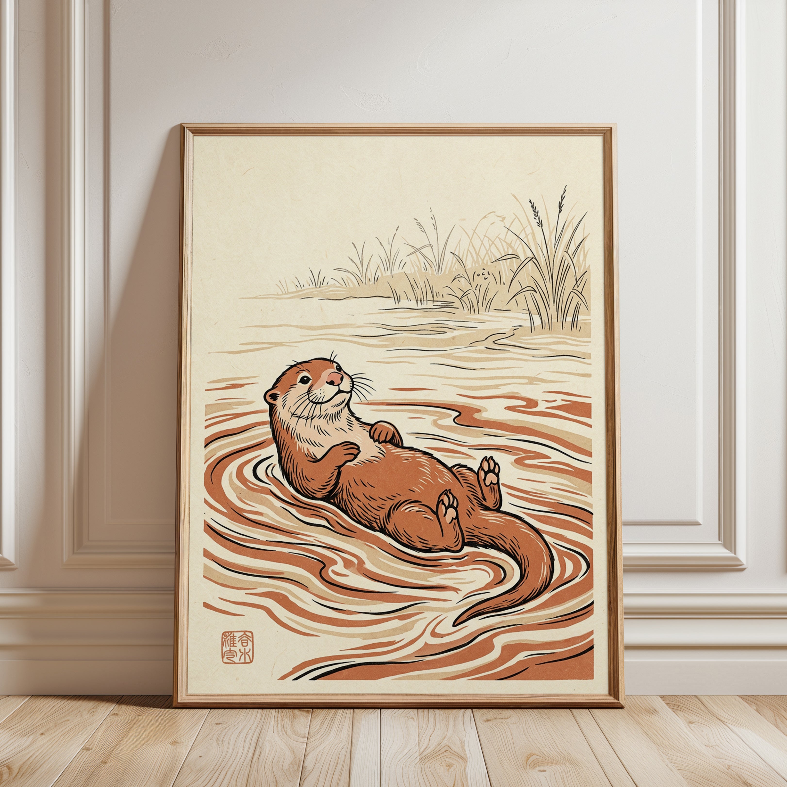 Floating Otter Art Print: Japanese Woodblock Style Wildlife Design - framed detail