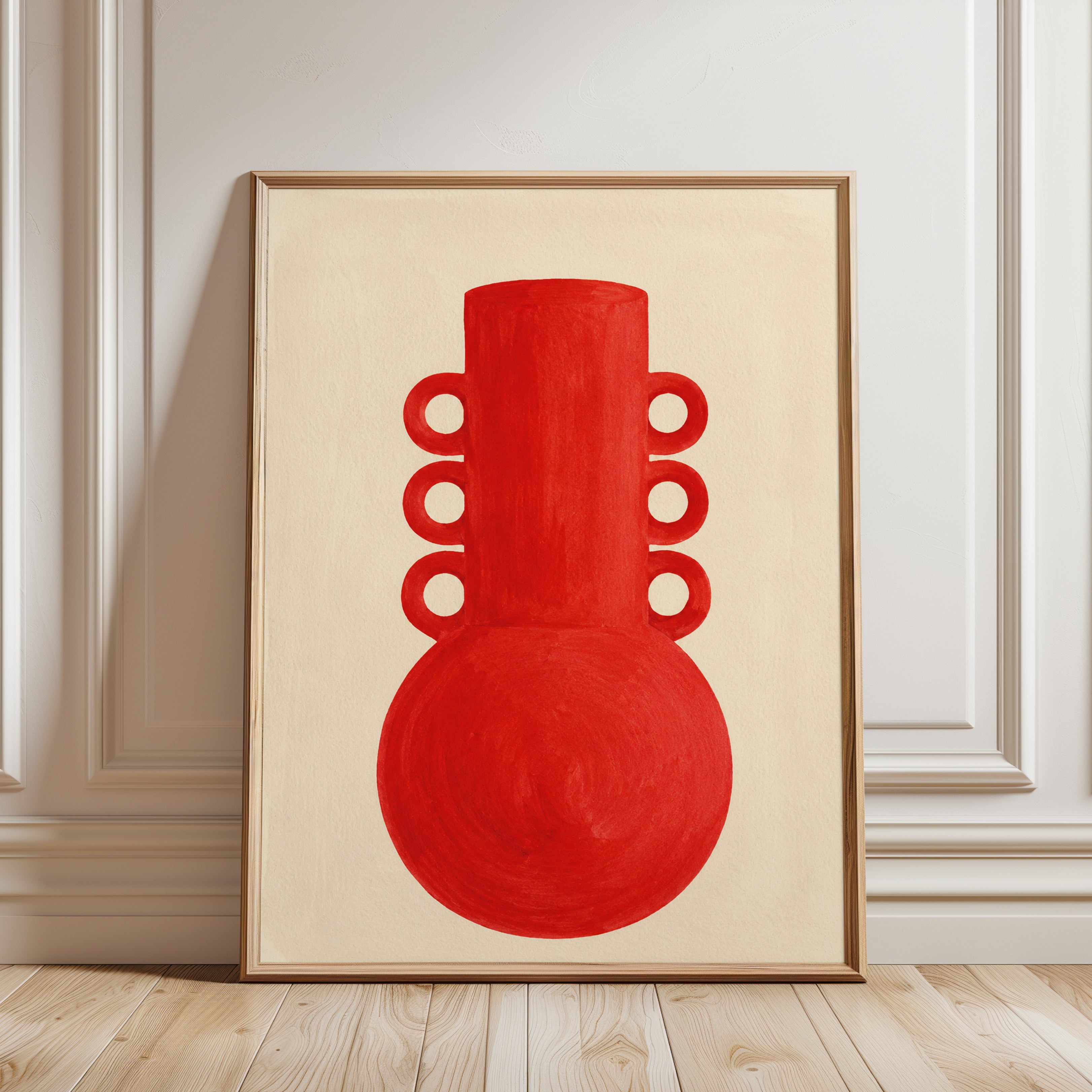 Red Geometric Vase Art Print: Minimalist Mid-Century Design - framed detail