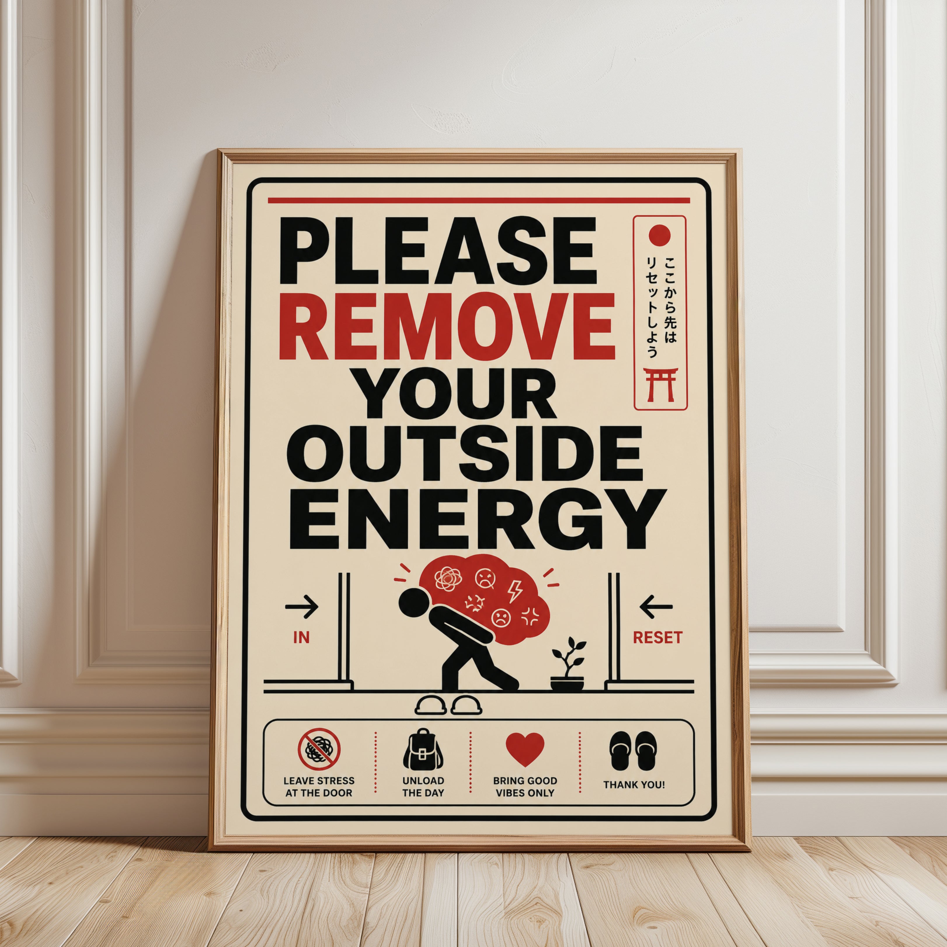 Japanese Remove Outside Energy Sign: Retro Typography Poster - framed detail