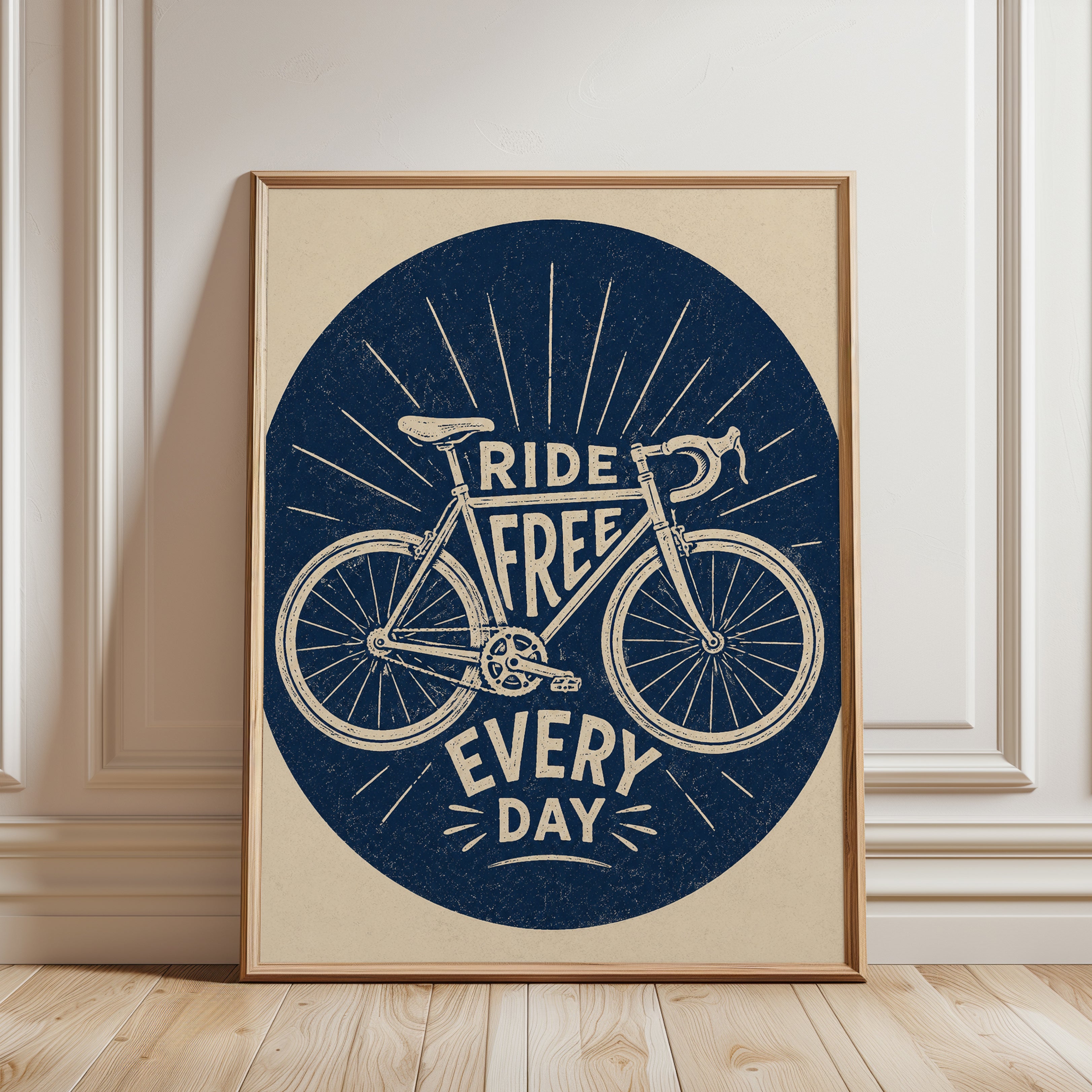 Ride Free Bicycle Print: Retro Cycling Poster (Navy Blue) - framed detail