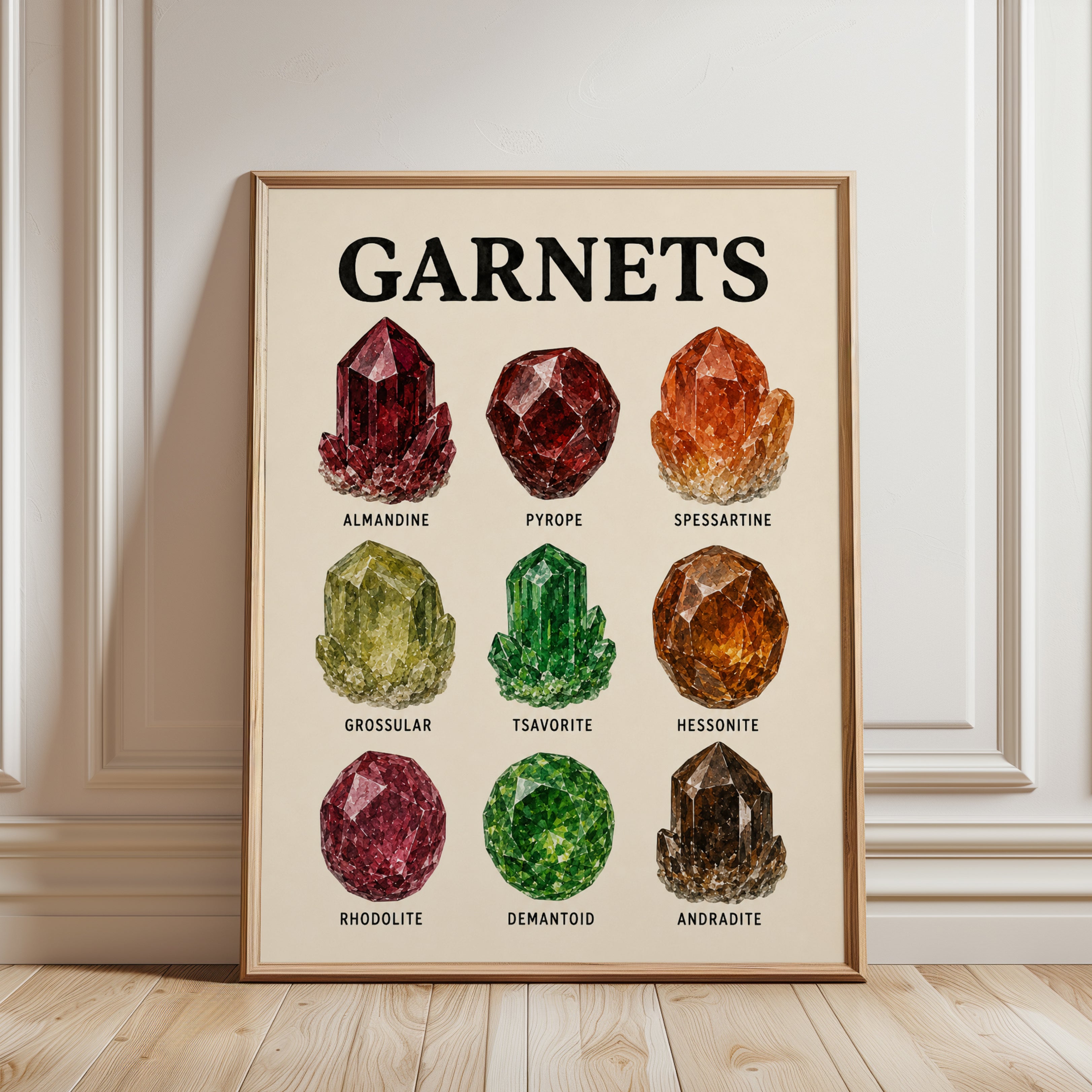 Garnet Types Chart: Vintage Mineralogy Art Print - framed detail
