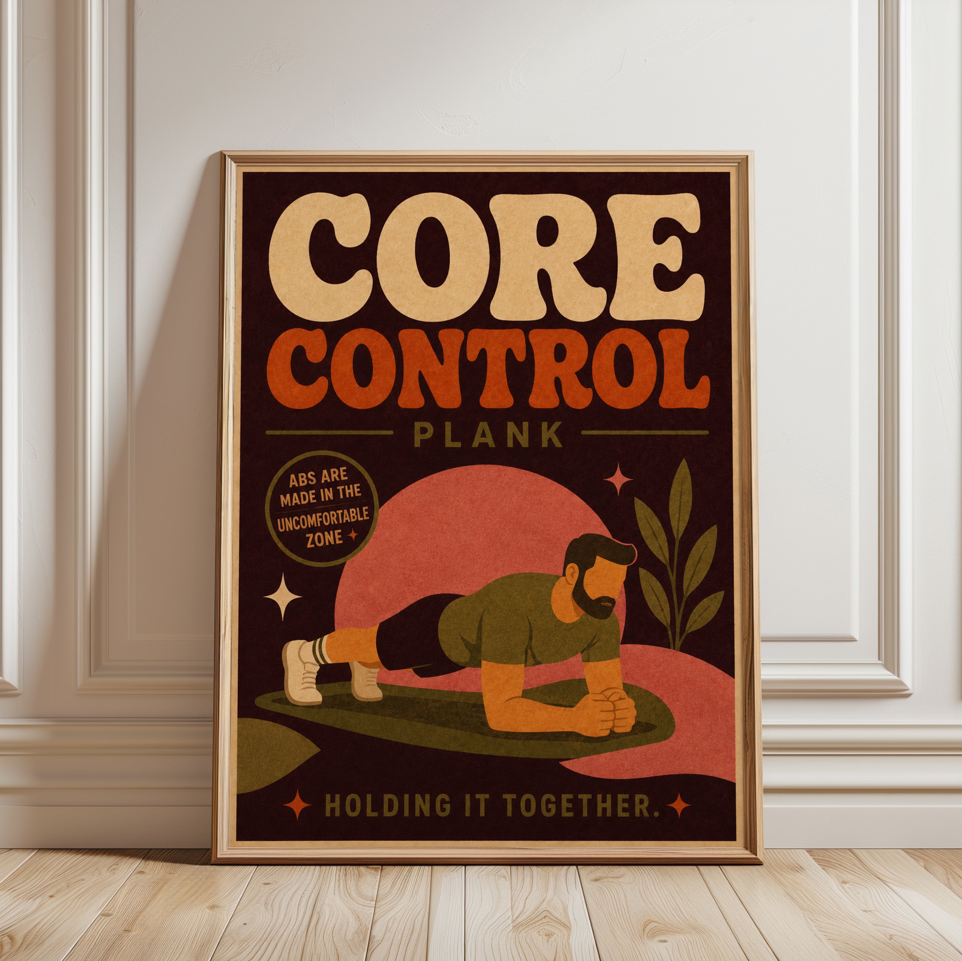 Core Control Plank Poster: Retro Fitness Motivational Art Print - framed detail
