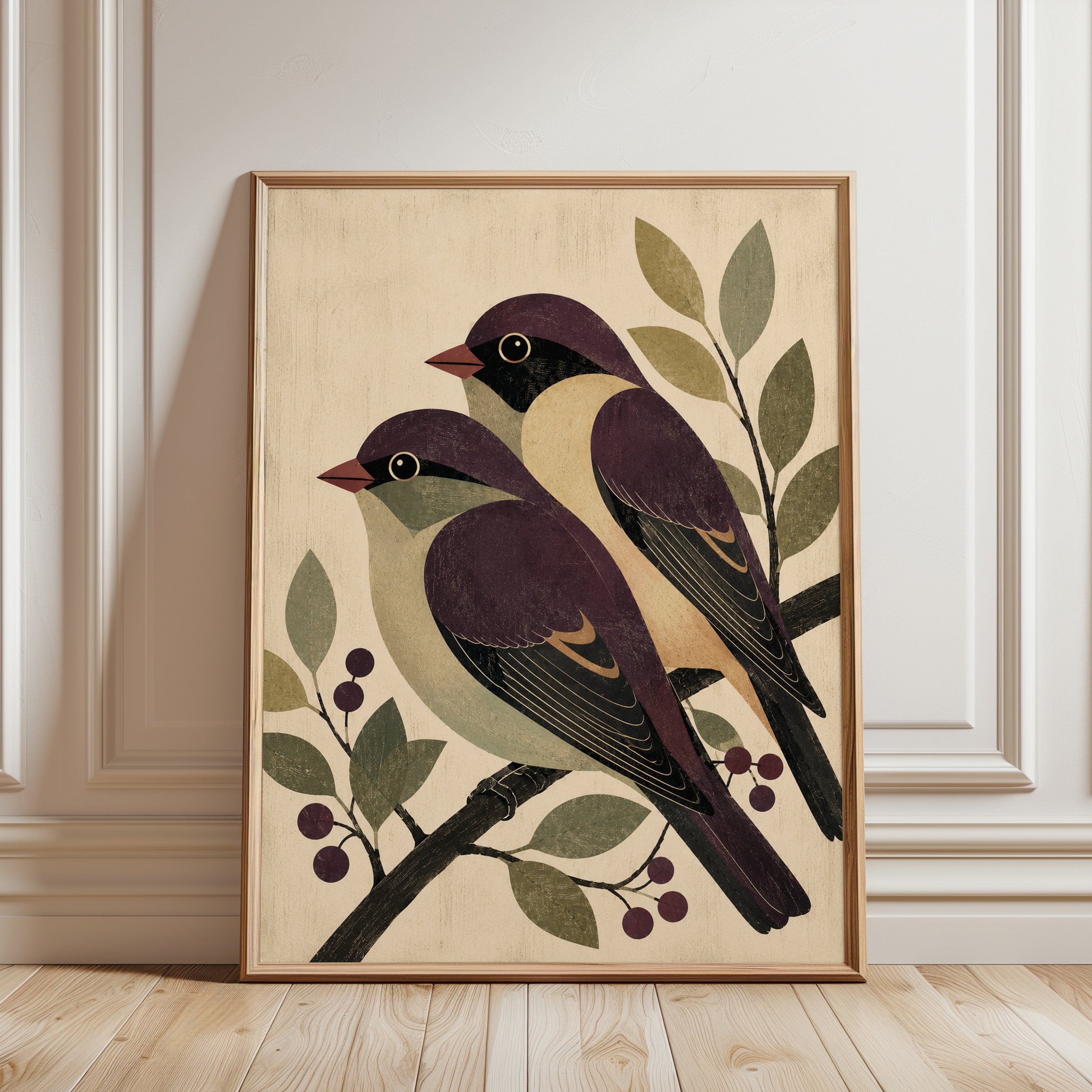 Folk Art Birds Print: Vintage Purple Finch Pair on Branch - framed detail