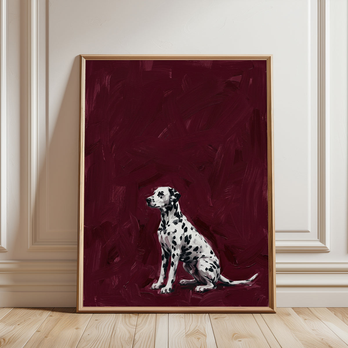Dalmatian Dog Portrait: Deep Burgundy Expressionist Wall Art - framed detail