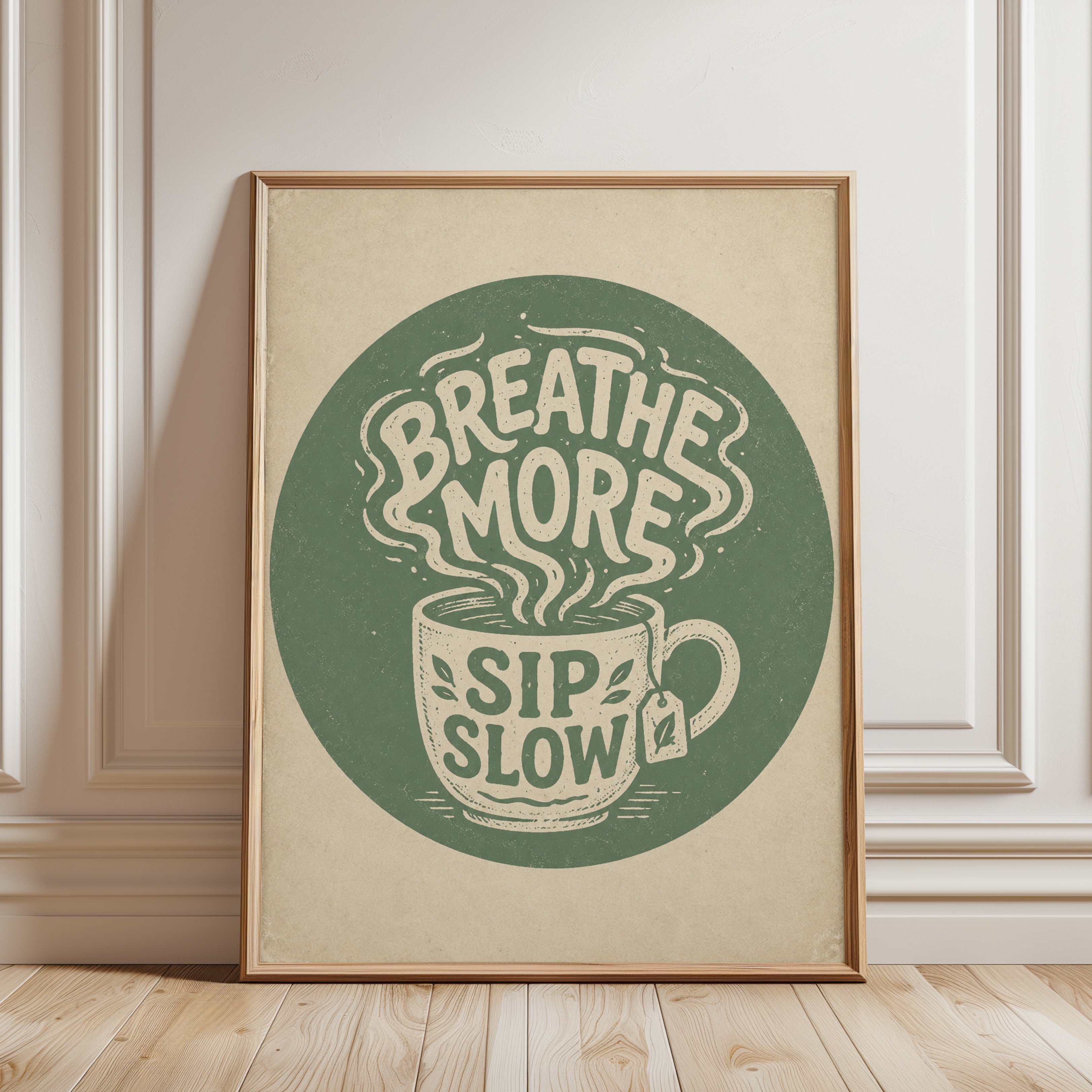 Tea Wall Art: Vintage Typography – Sage Green - framed detail