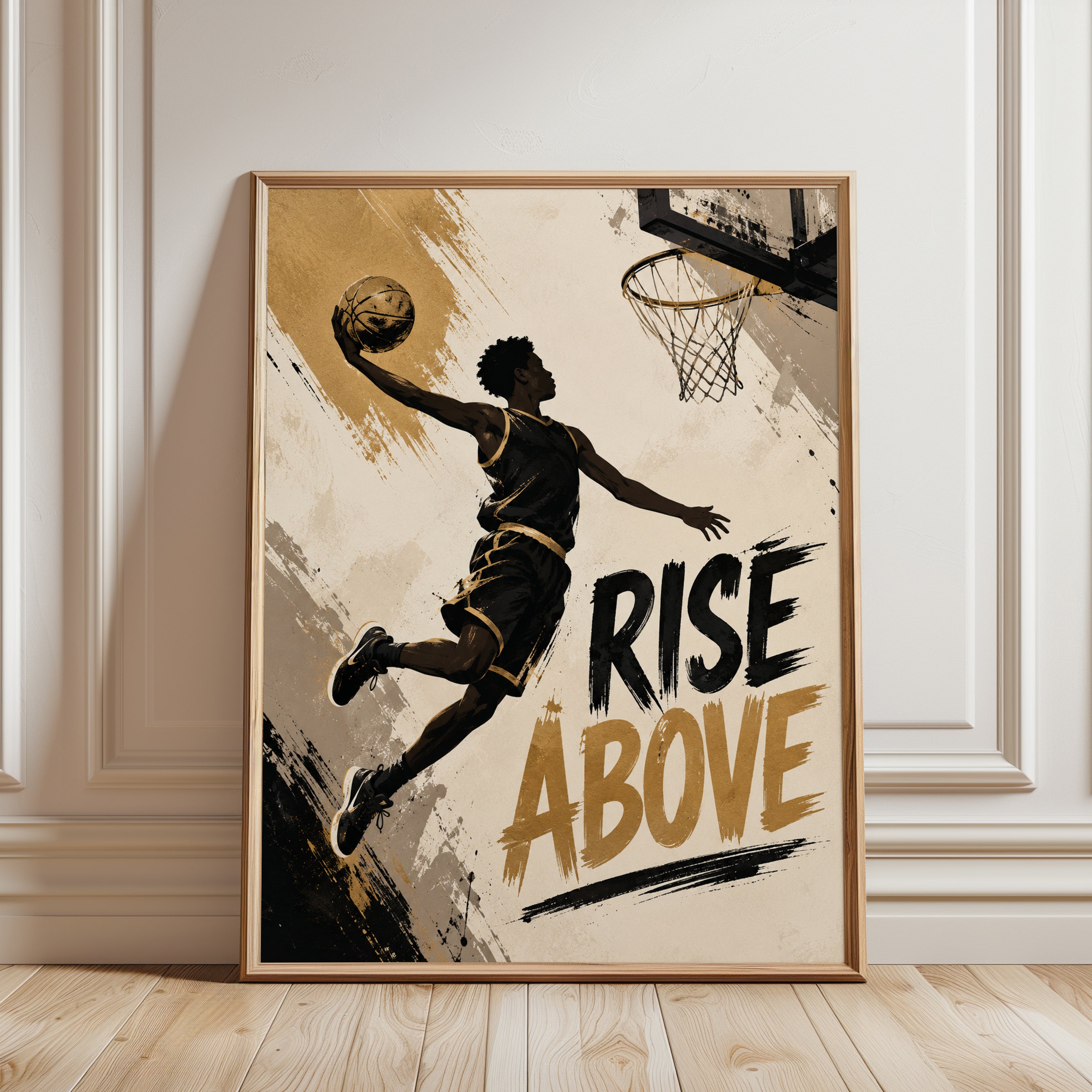 Basketball Slam Dunk Poster: Urban Sports Art in Gold and Black - framed detail