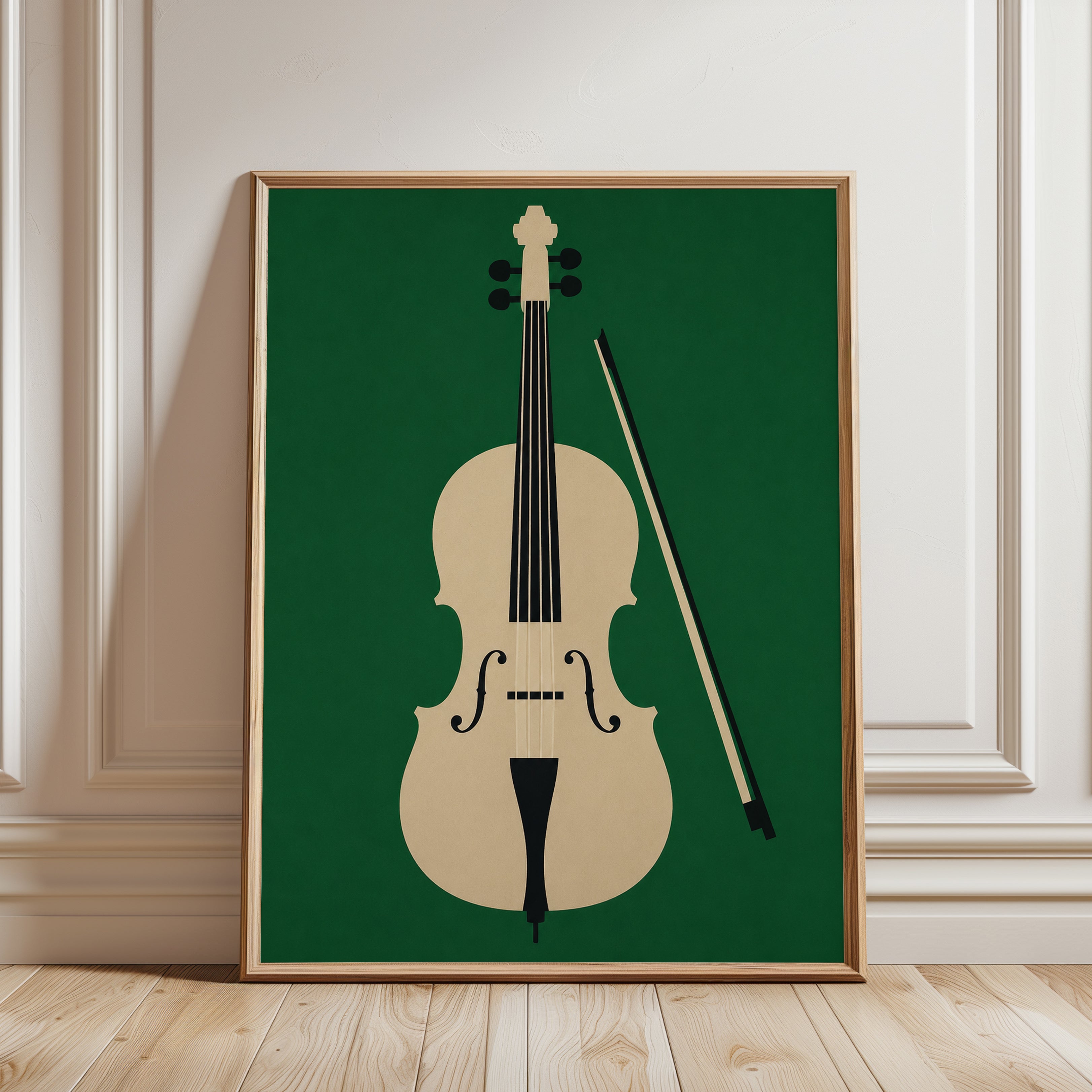Minimalist Cello Art Print: Green Background Music Poster - framed detail