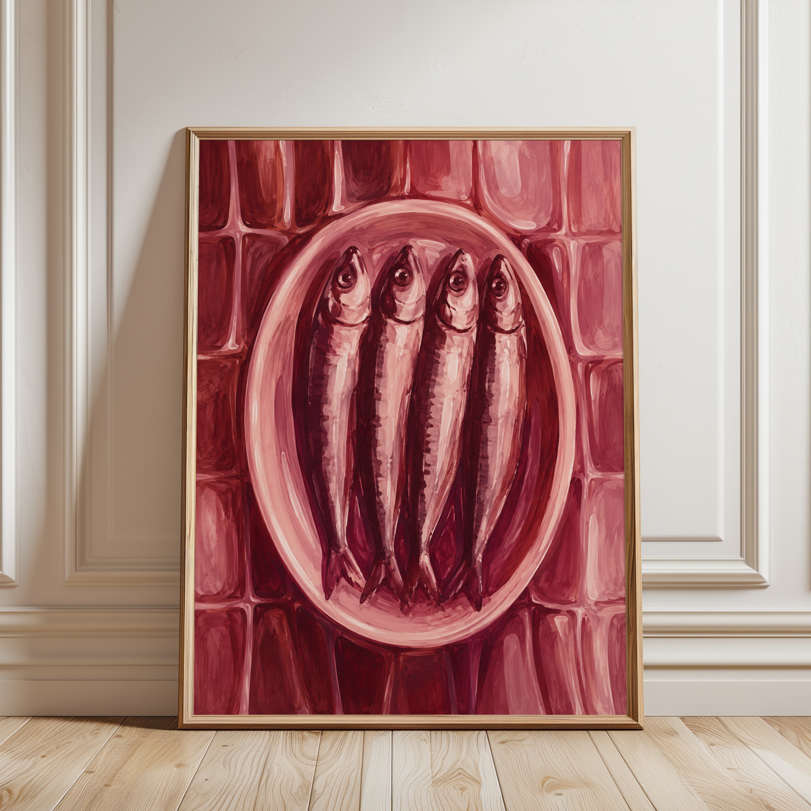 Sardines on Plate Wall Art: Monochromatic Pink Kitchen Print - framed detail