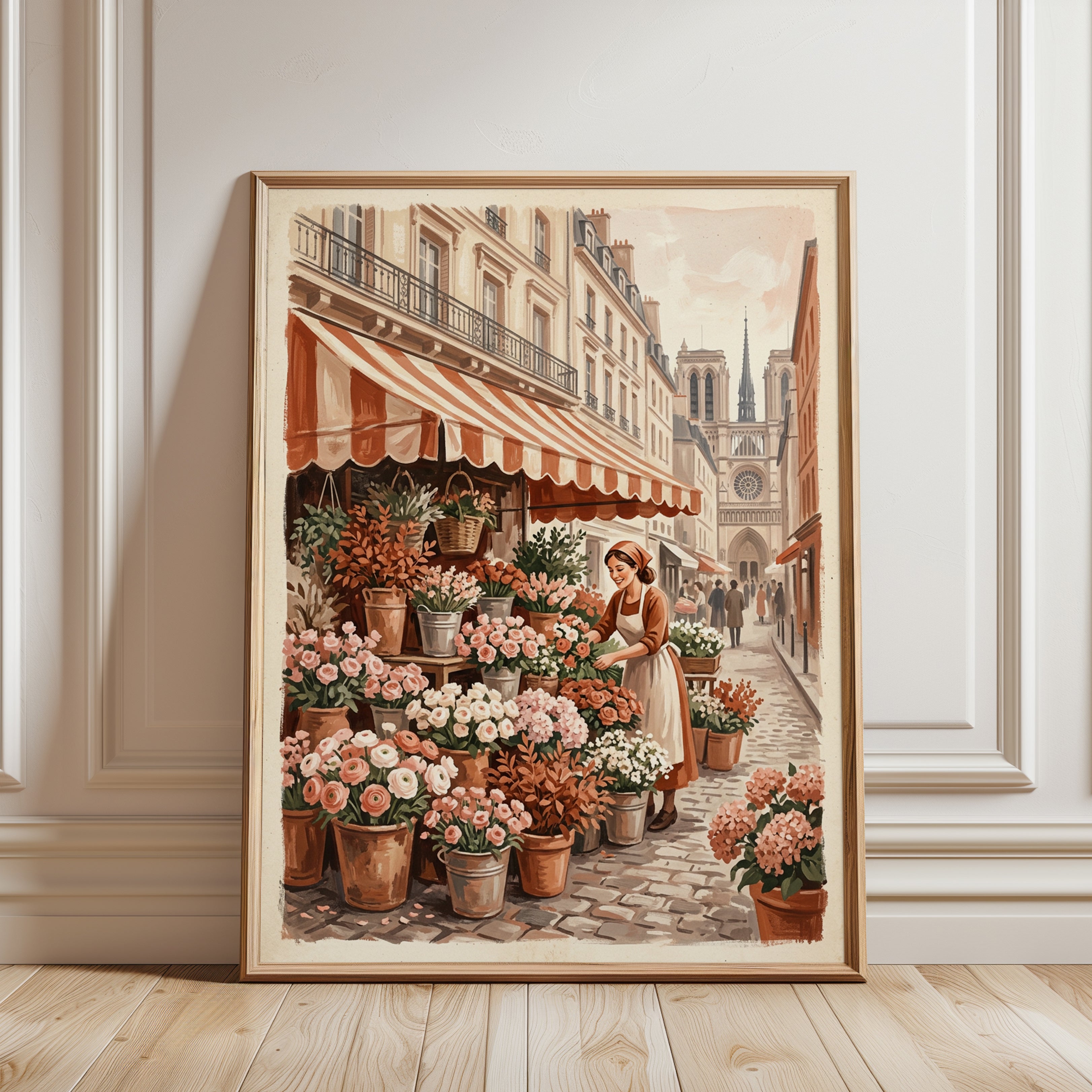 Parisian Flower Market Wall Art: Vintage European Street Scene - framed detail