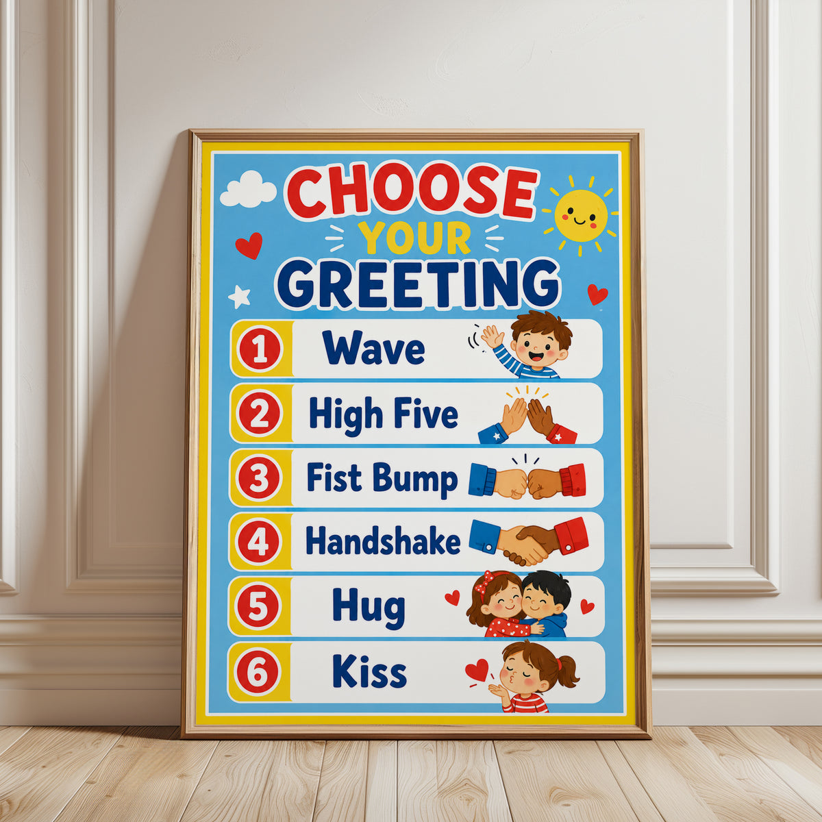 Choose Your Greeting Poster: Classroom Social Skills Chart - framed detail
