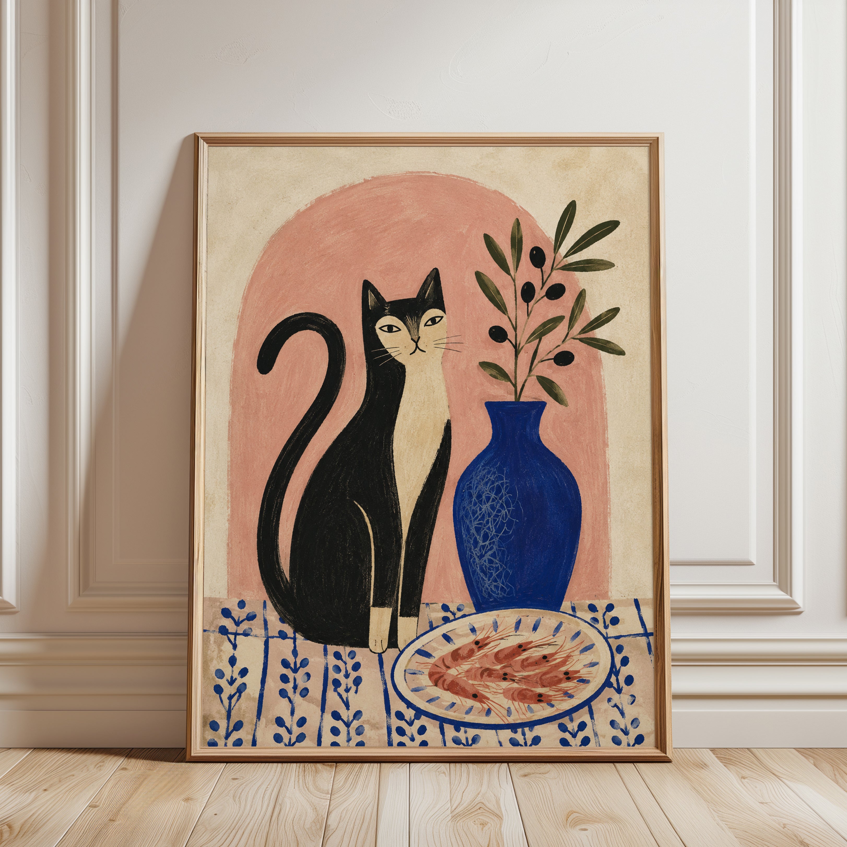 Folk Art Black Cat Print – Olive Branch Vase - framed detail