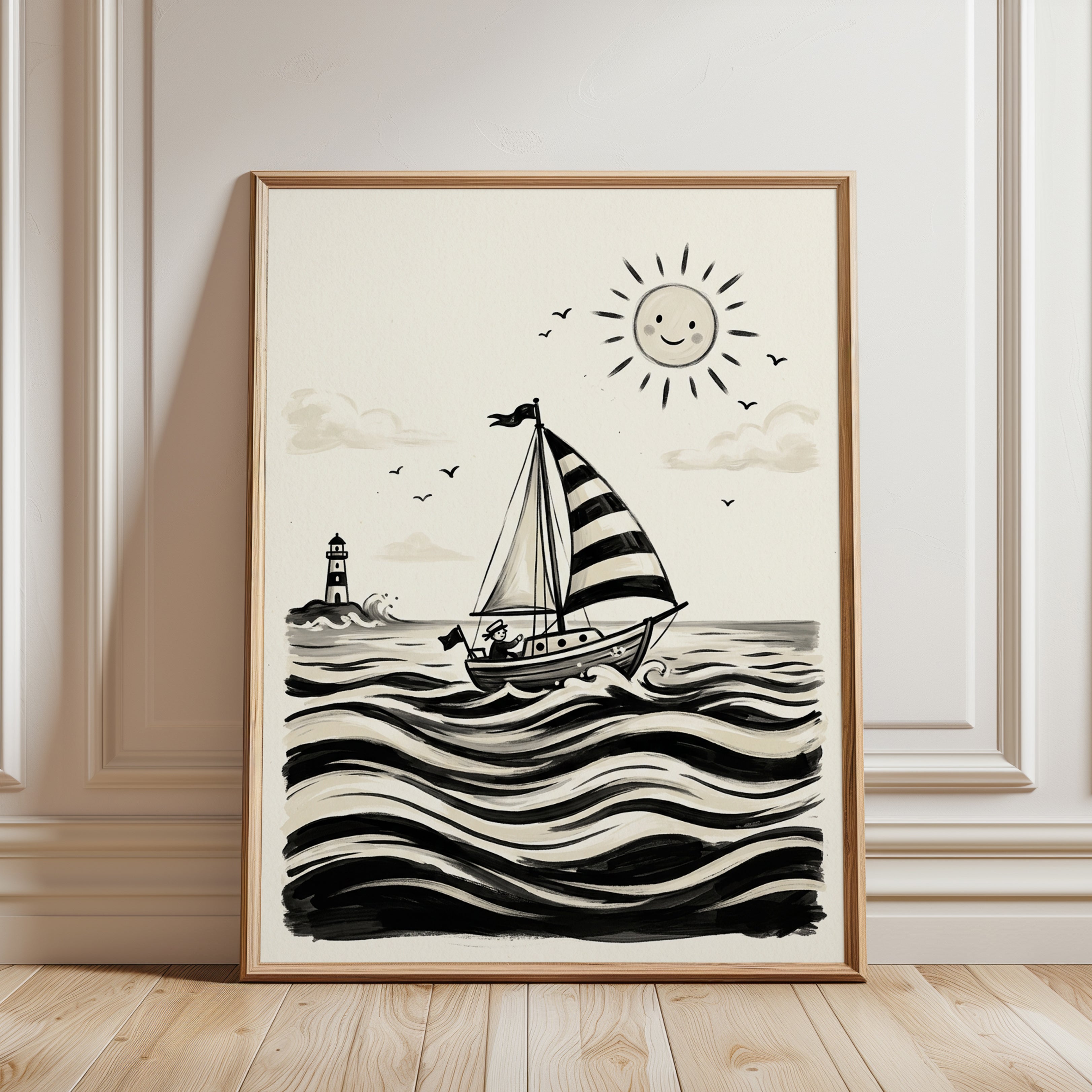 Sailboat and Lighthouse Art Print: Whimsical Nautical Ink Design - framed detail