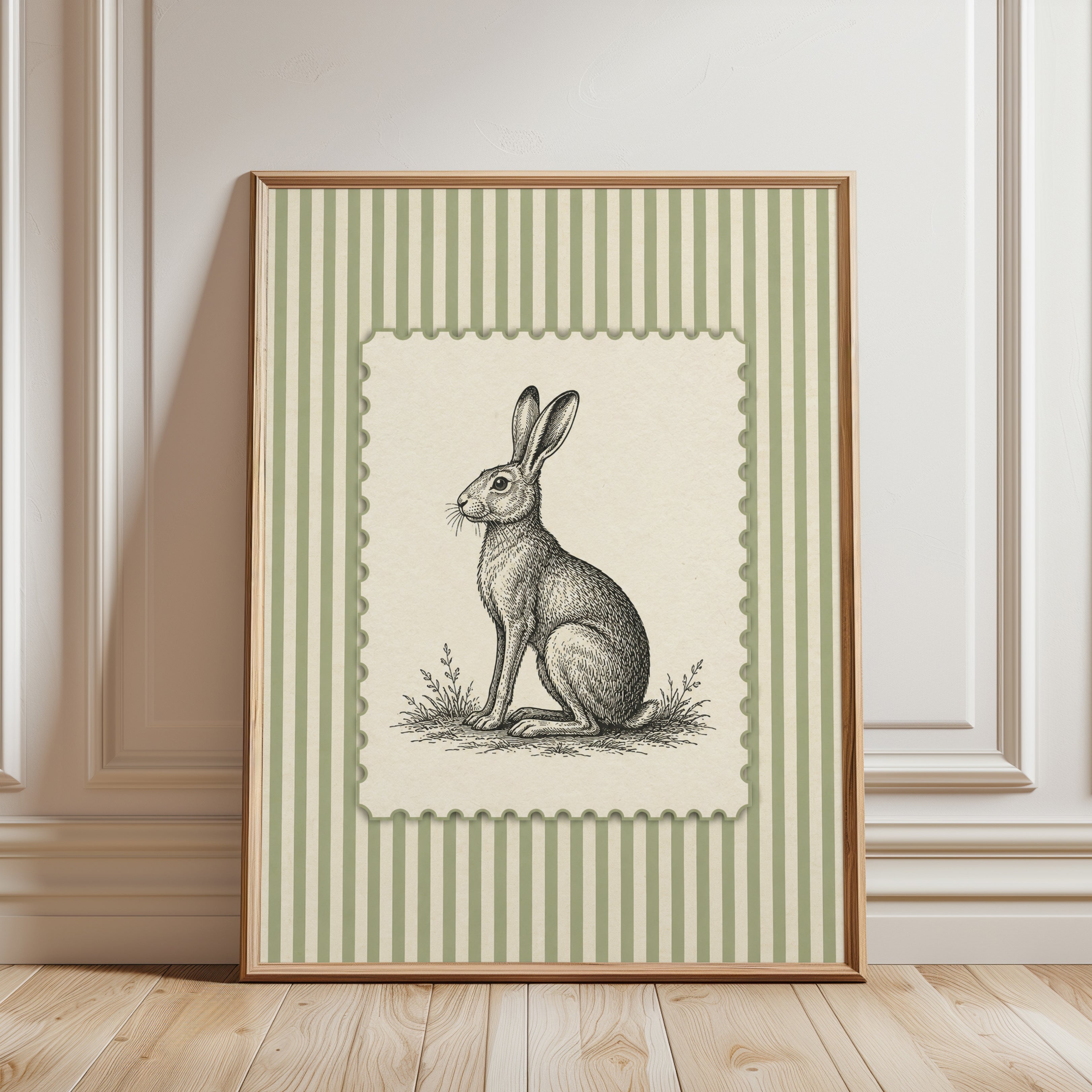 Vintage Rabbit Print – Hare Illustration Wall Art - framed detail