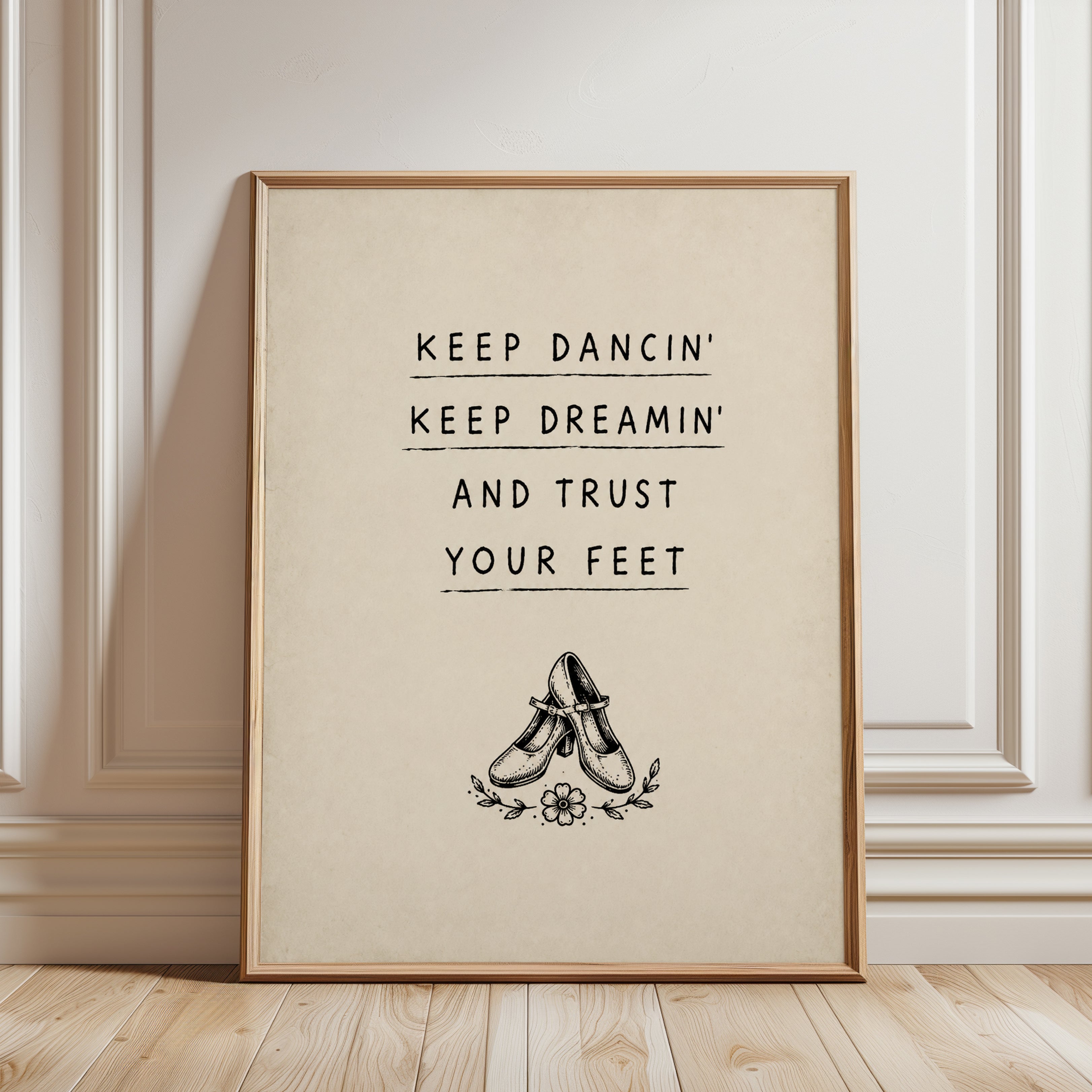 Keep Dancin' Typography Print: Vintage Dance Shoes With Quote - framed detail