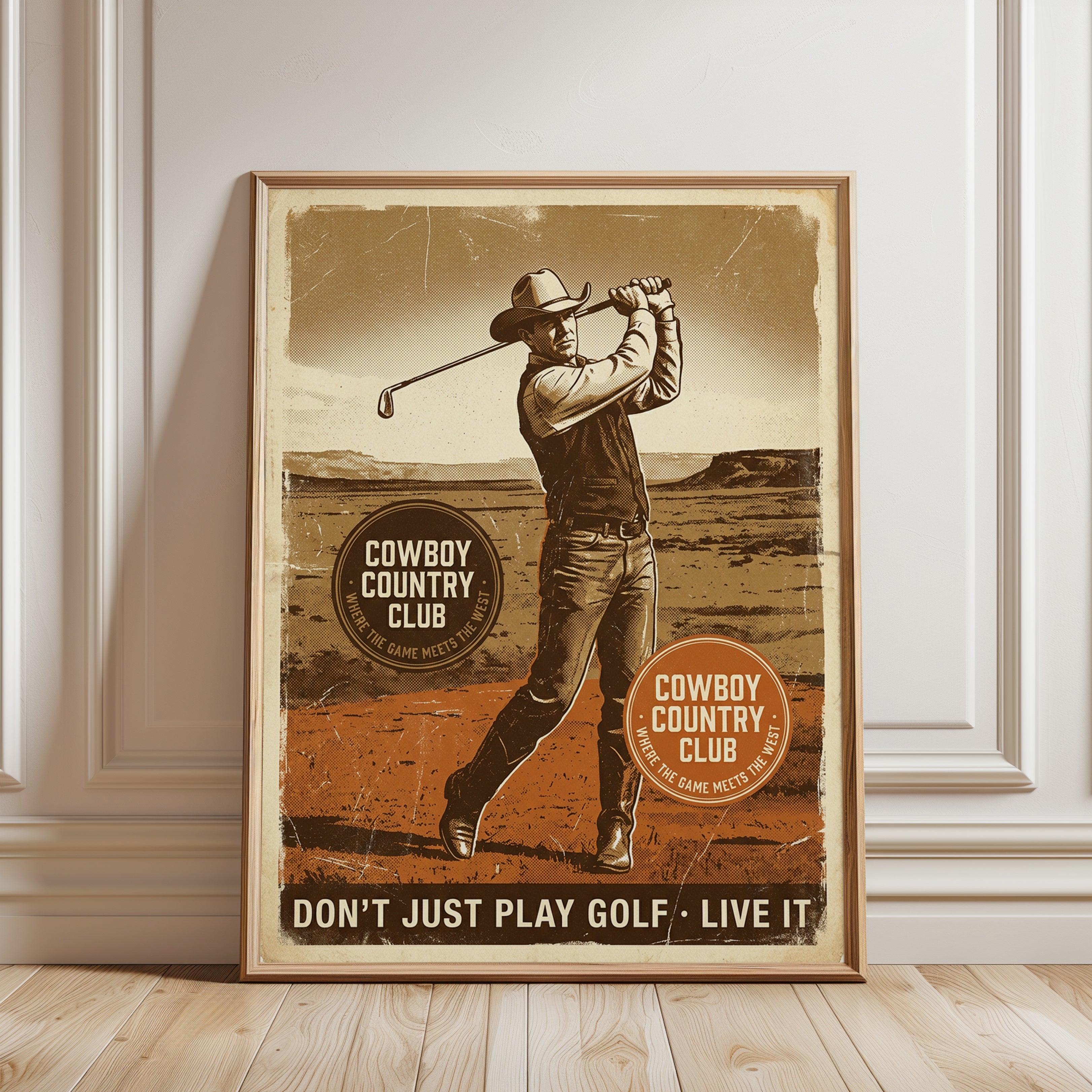 Cowboy Golfer Wall Art: Vintage Western Sports Poster - framed detail