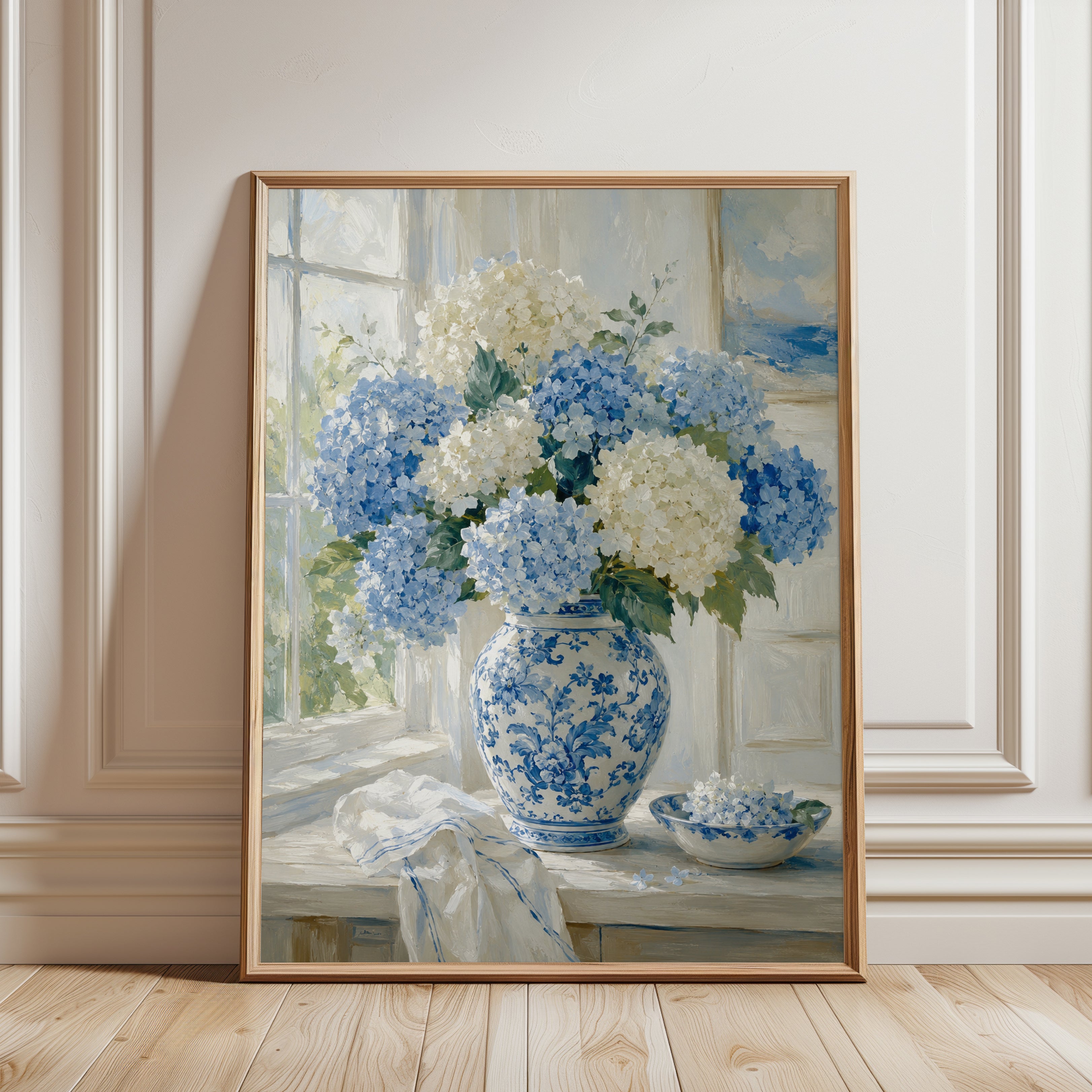Hydrangea Wall Art – Blue White Floral Print - framed detail