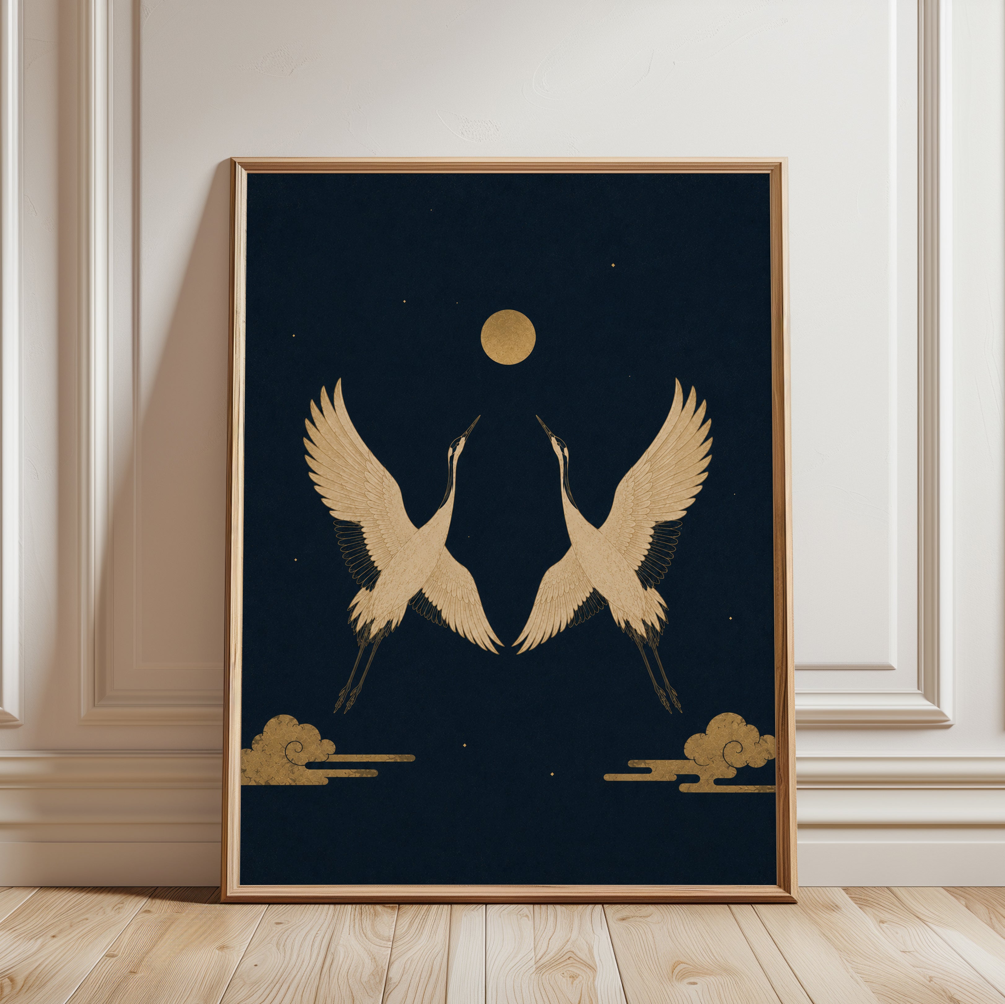 Golden Cranes Art Print: Japanese Style Birds with Moon - framed detail