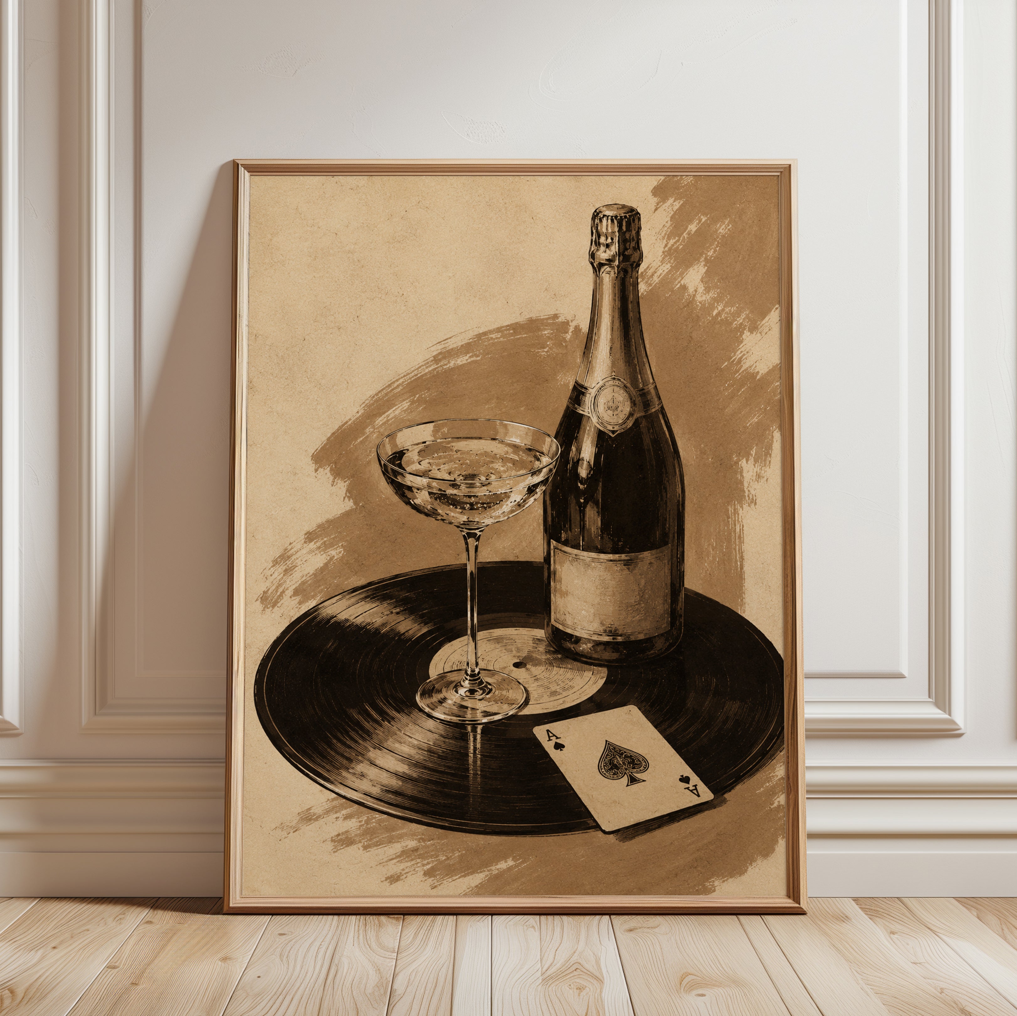 Champagne Wall Art – Vintage Bar Cart Decor - framed detail