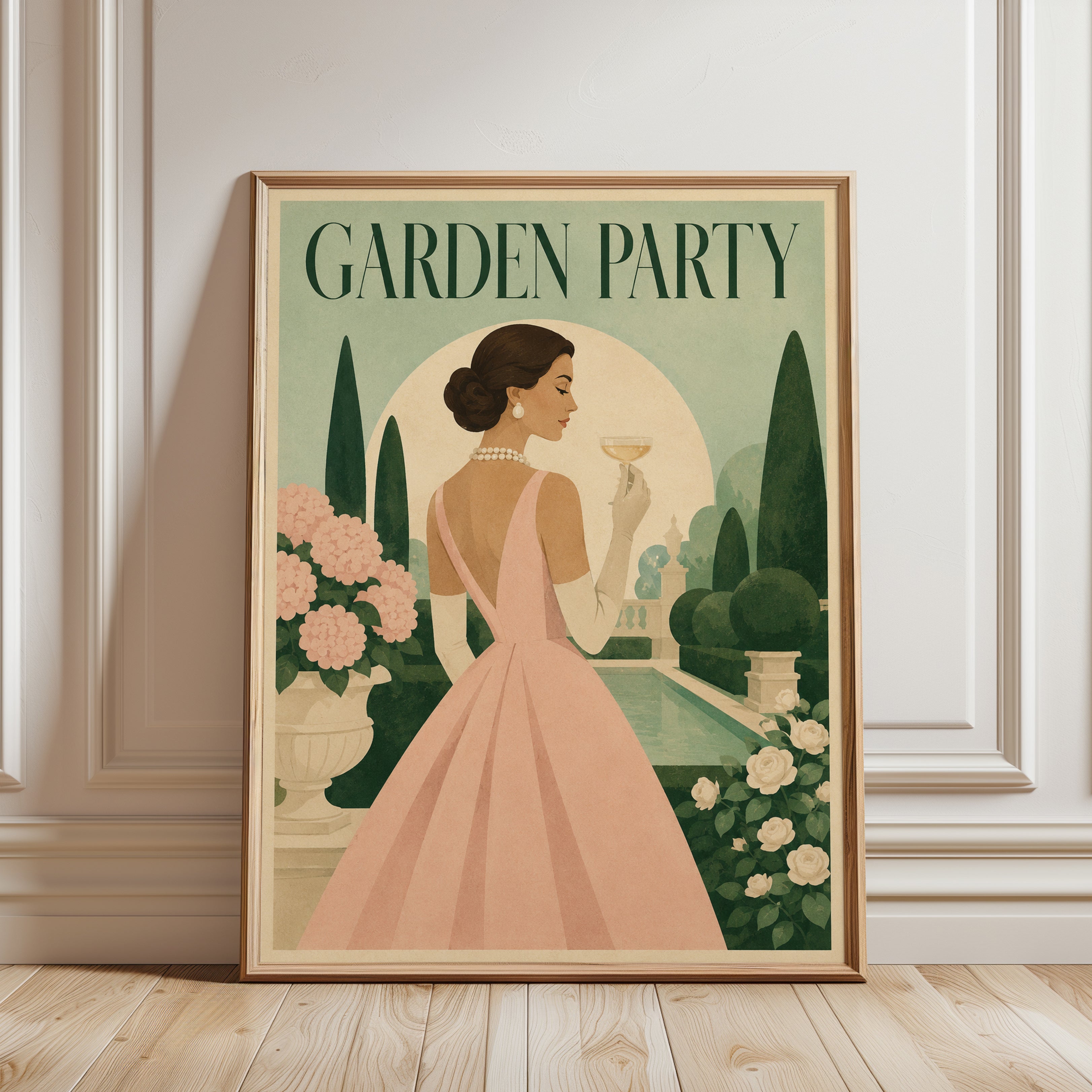 Garden Party Vintage Poster — Elegant Mid-Century Woman in Pink Gown - framed detail