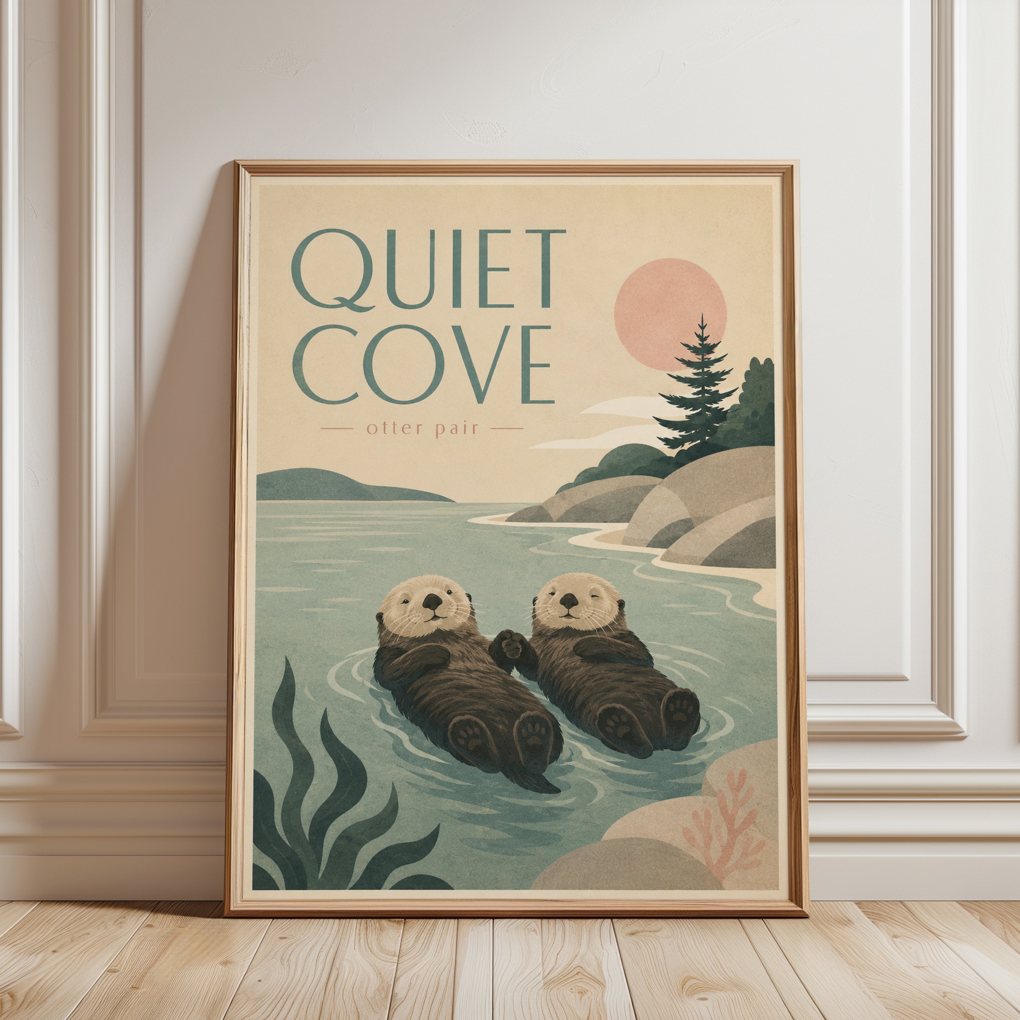 Quiet Cove Otter Pair Art Print: Vintage Coastal Wildlife Poster - framed detail