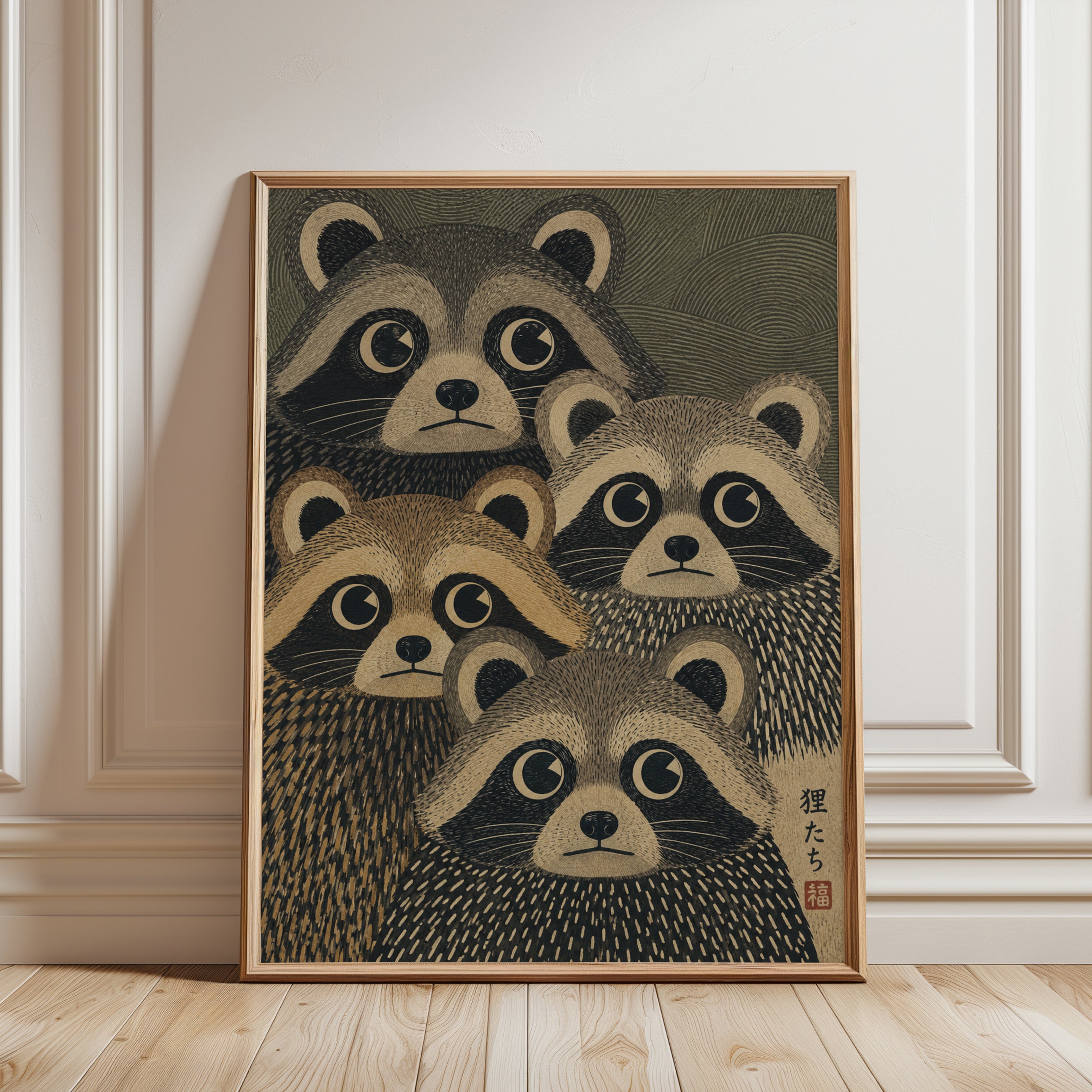 Raccoon Japanese Folk Art Print - framed detail