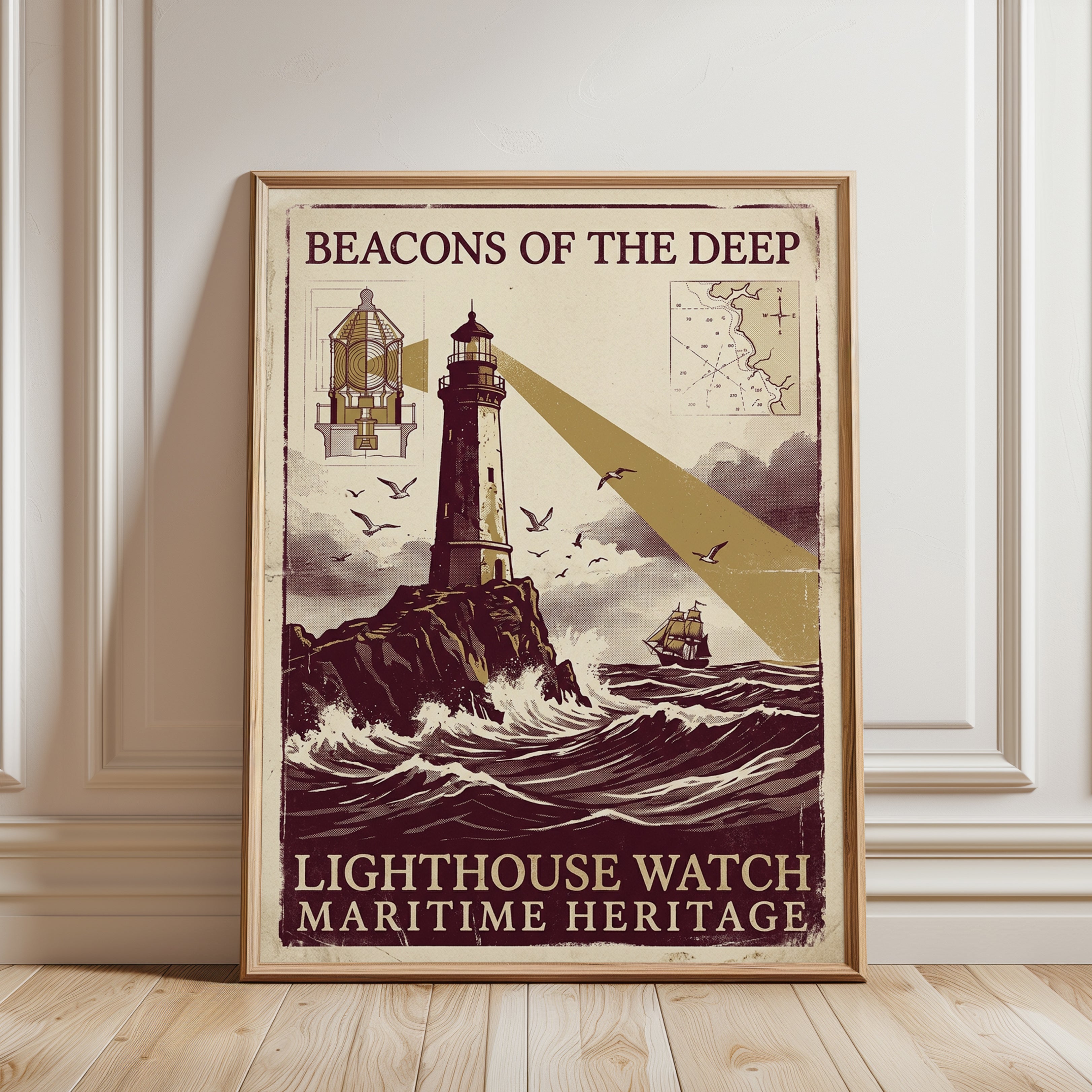 Beacons of the Deep Lighthouse Poster: Vintage Maritime Art Print - framed detail
