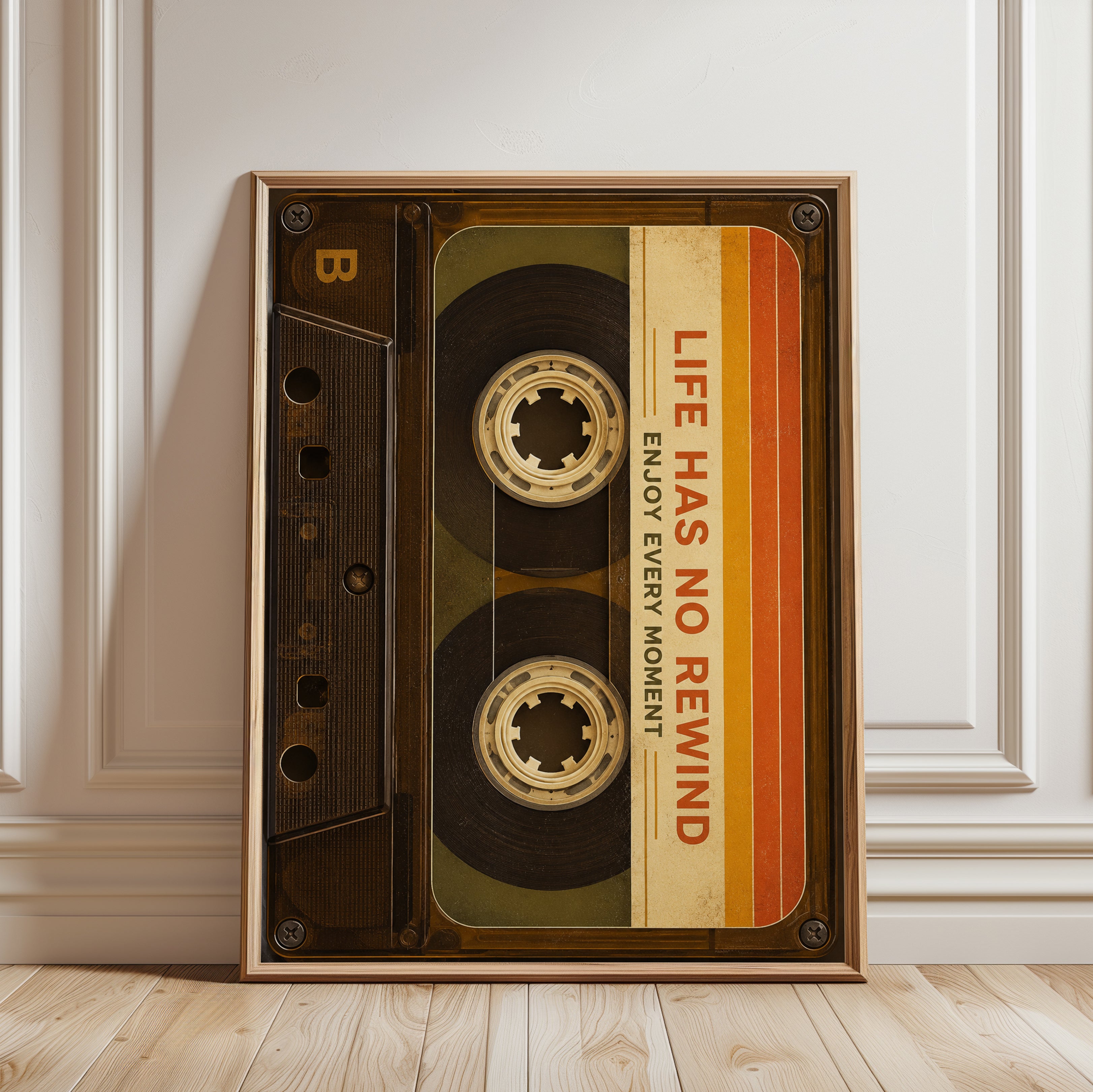 Retro Cassette Tape Print: Life Has No Rewind - framed detail