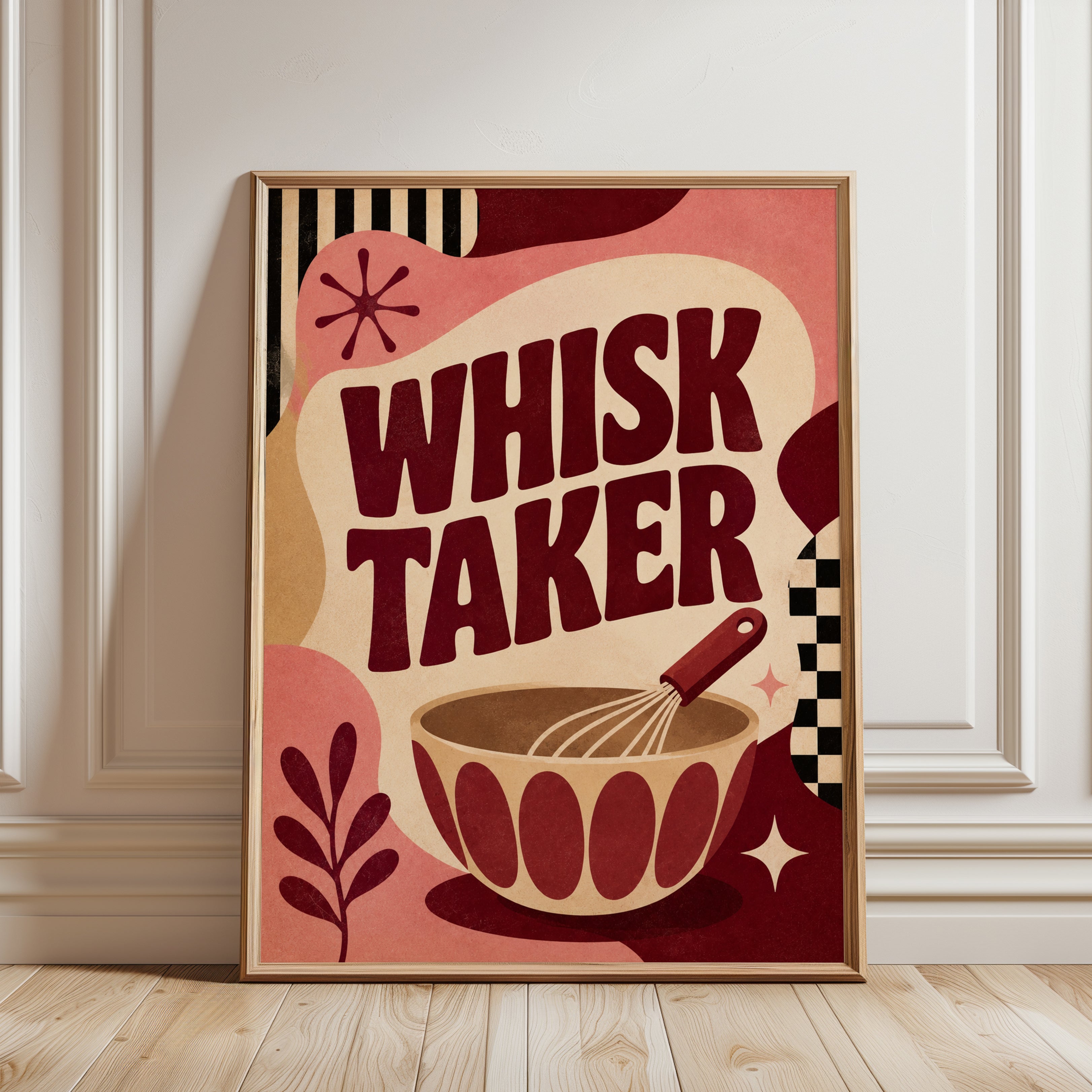 Whisk Taker Retro Kitchen Print: Mid-Century Modern Coral Design - framed detail