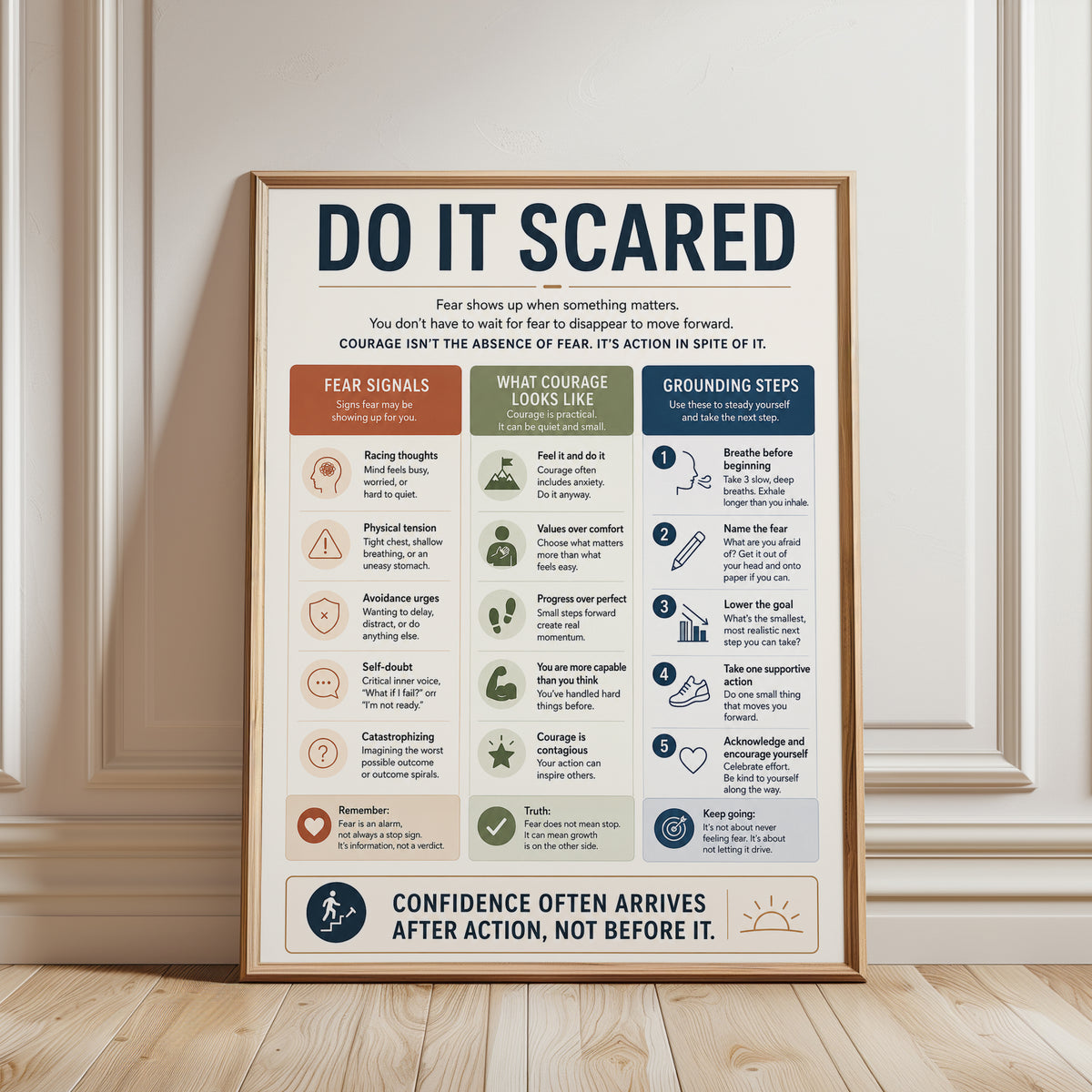 Do It Scared Motivational Print: Courage Guide for Fear and Confidence - framed detail