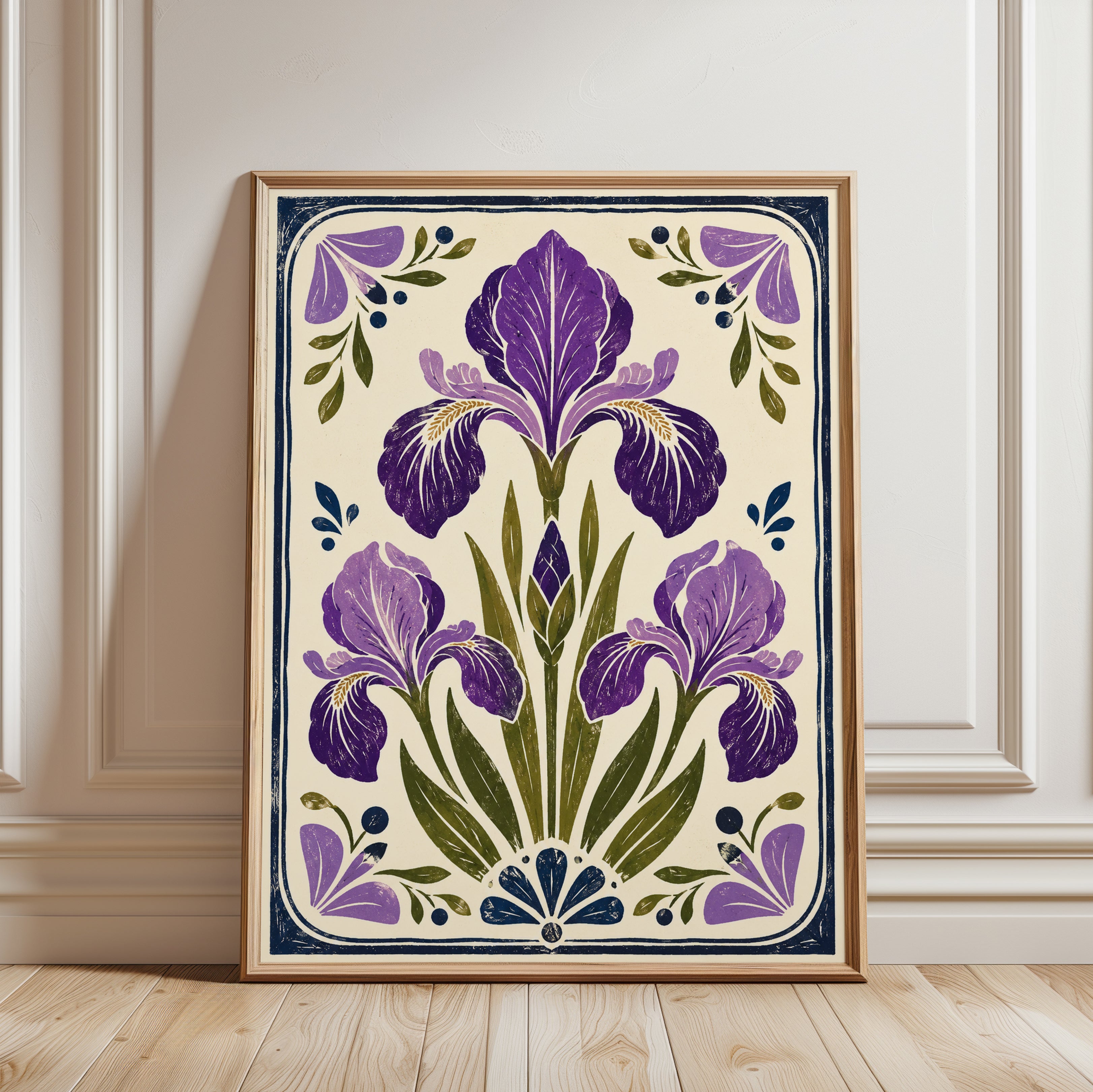 Iris Flower Wall Art – Folk Art Botanical Print - framed detail