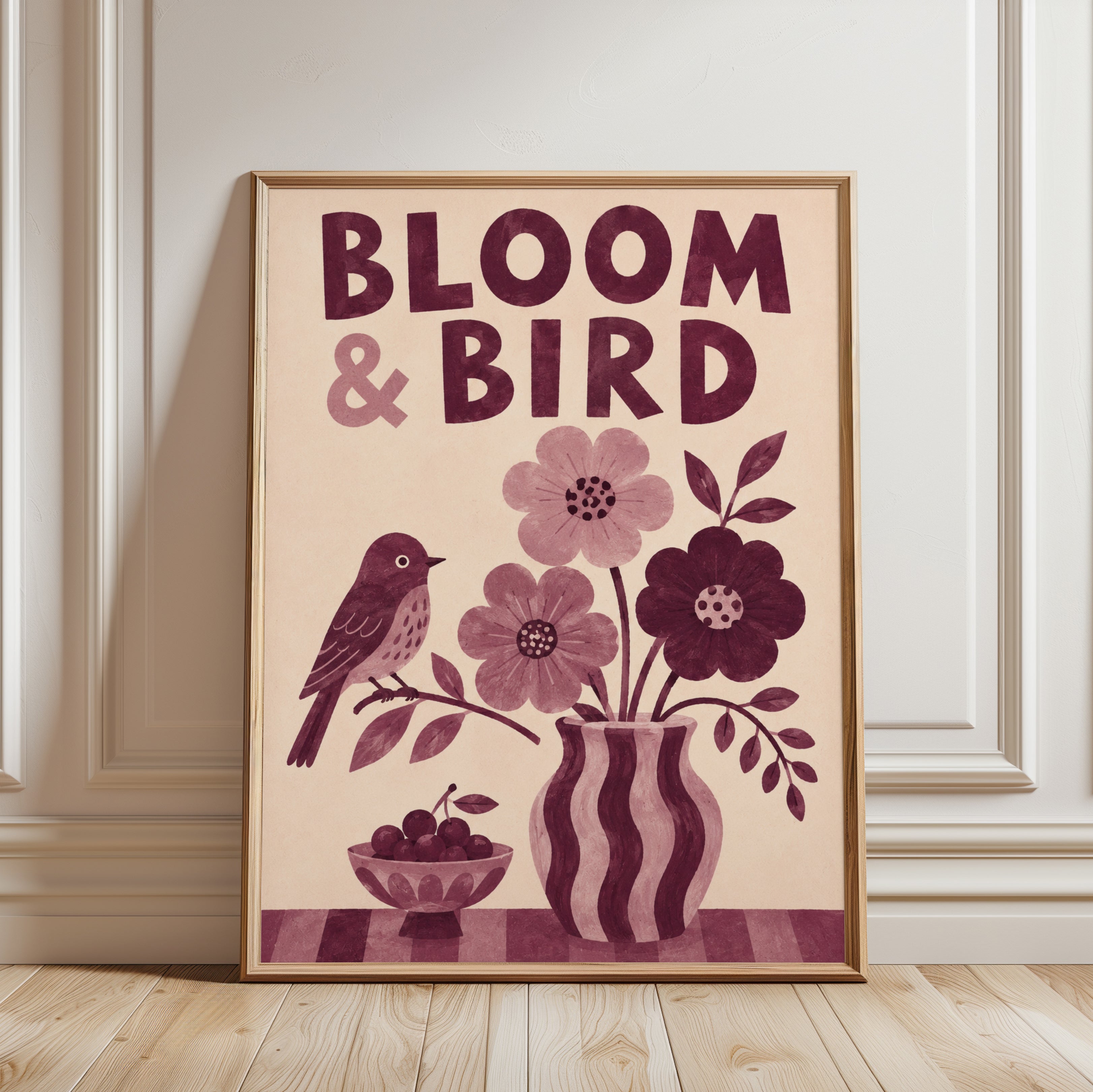 Bloom and Bird Folk Art Print: Vintage Floral Design - framed detail