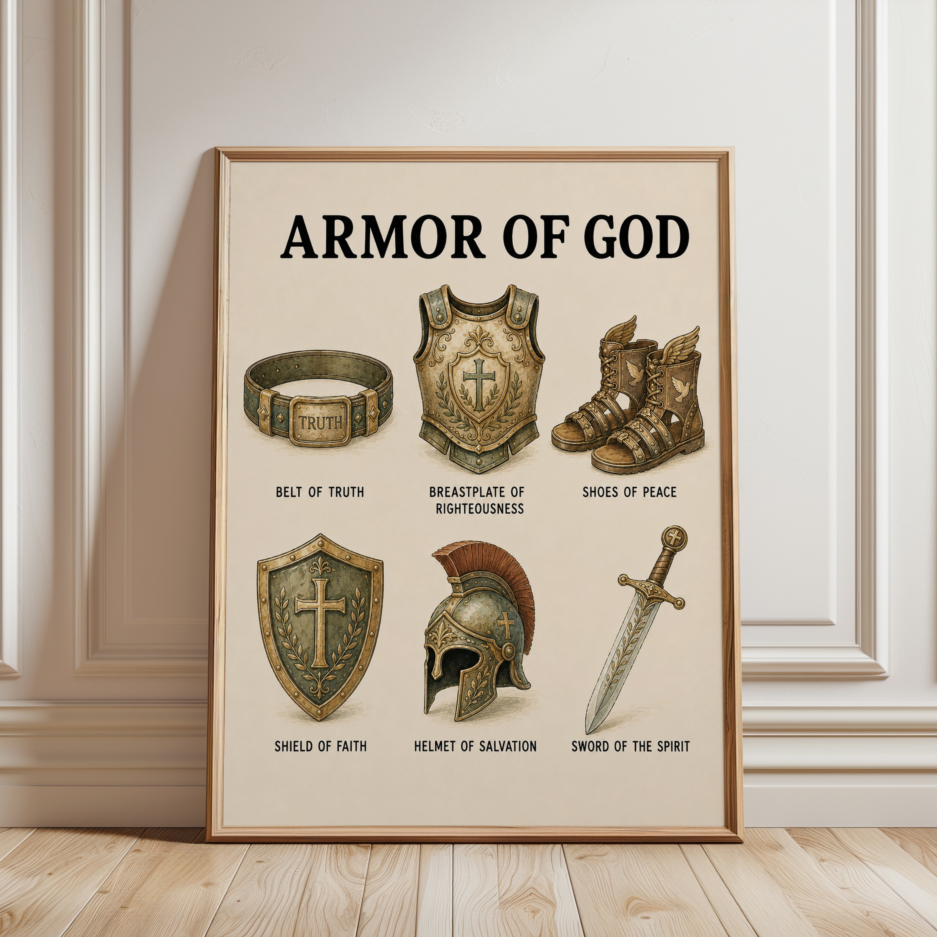 Armor of God Print: Christian Scripture Art in Gold and Bronze - framed detail