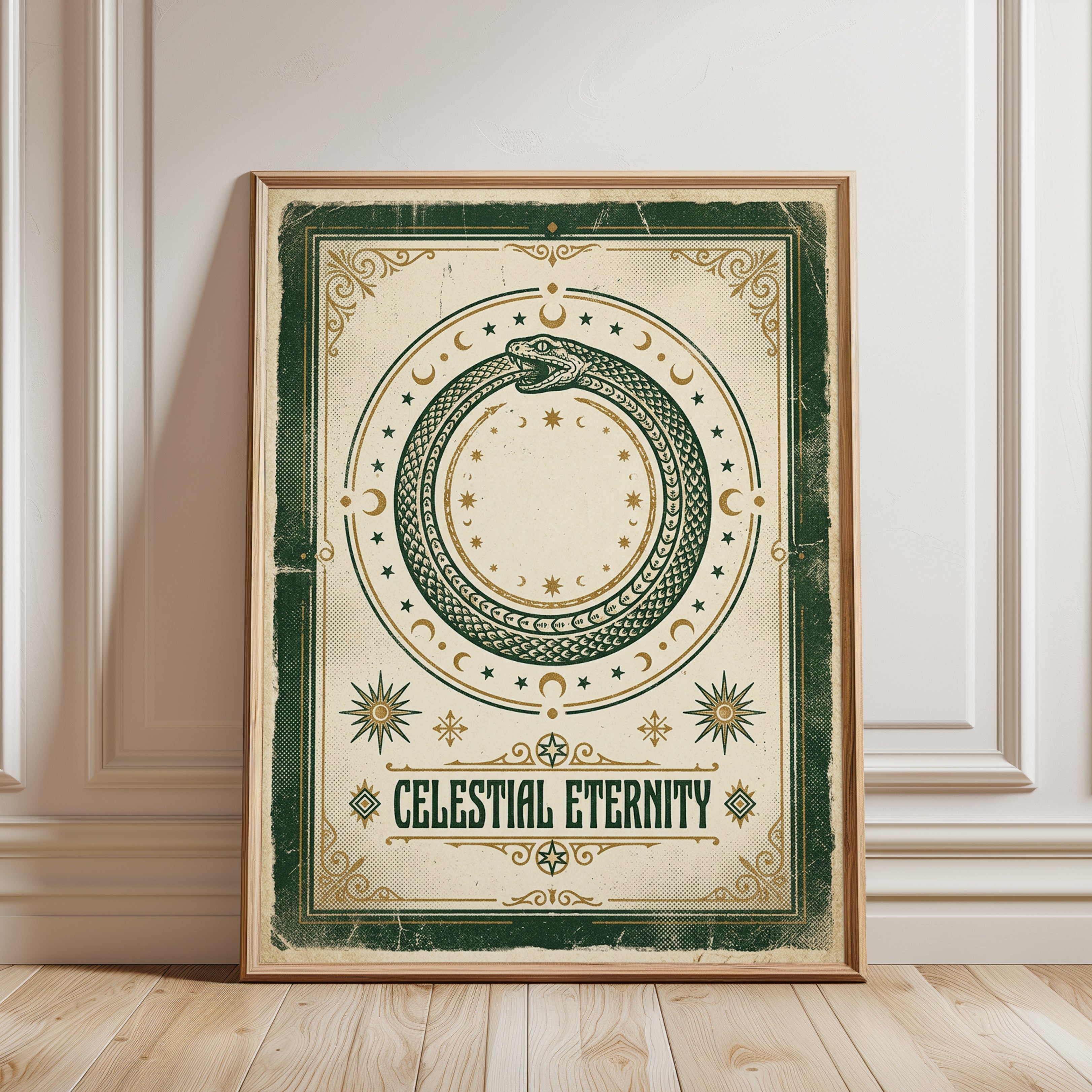 Celestial Ouroboros Print — Mystical Snake & Moon Phases - framed detail