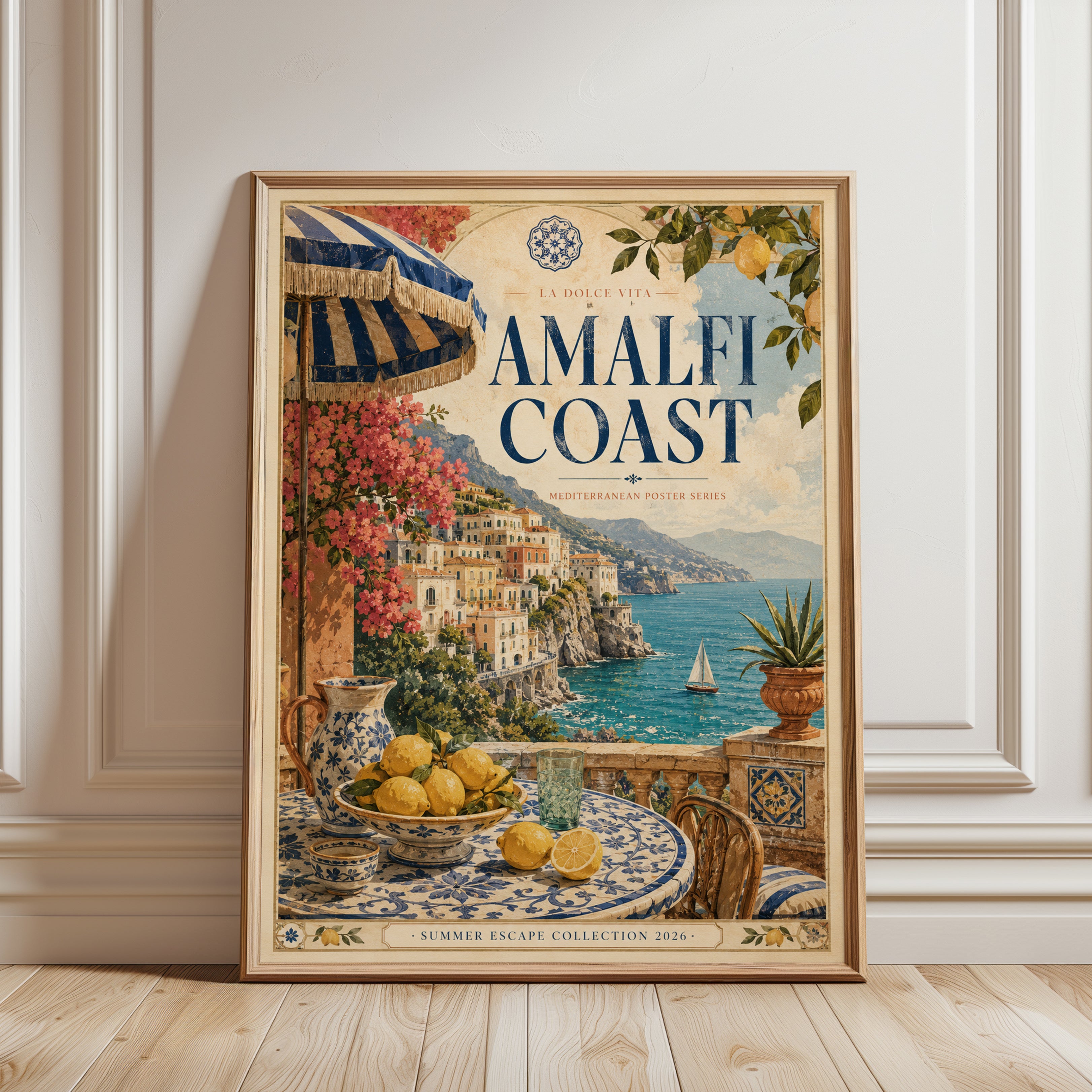 Amalfi Coast Vintage Travel Poster — Italian Riviera Print - framed detail