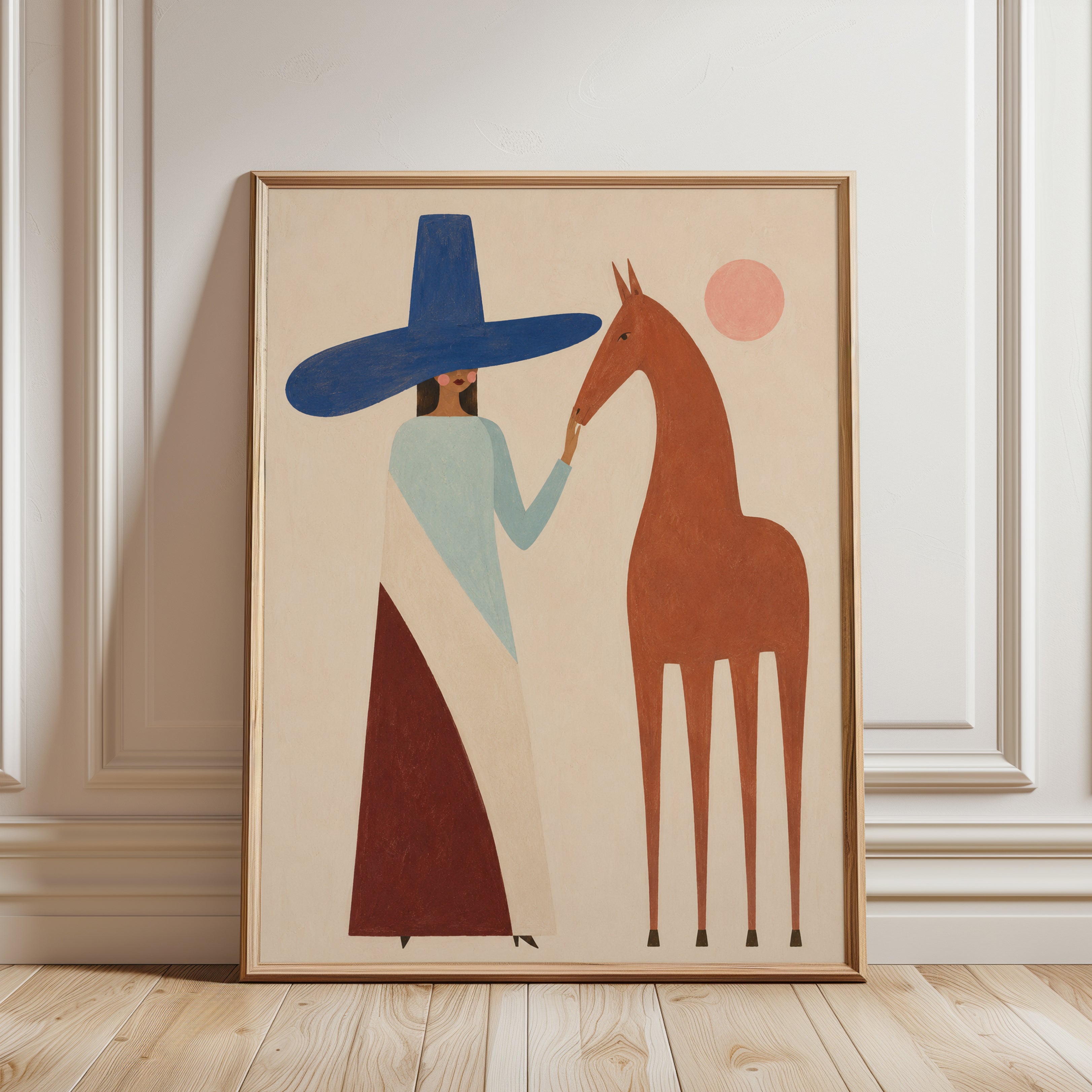 Folk Art Print – Woman and Horse Wall Art - framed detail