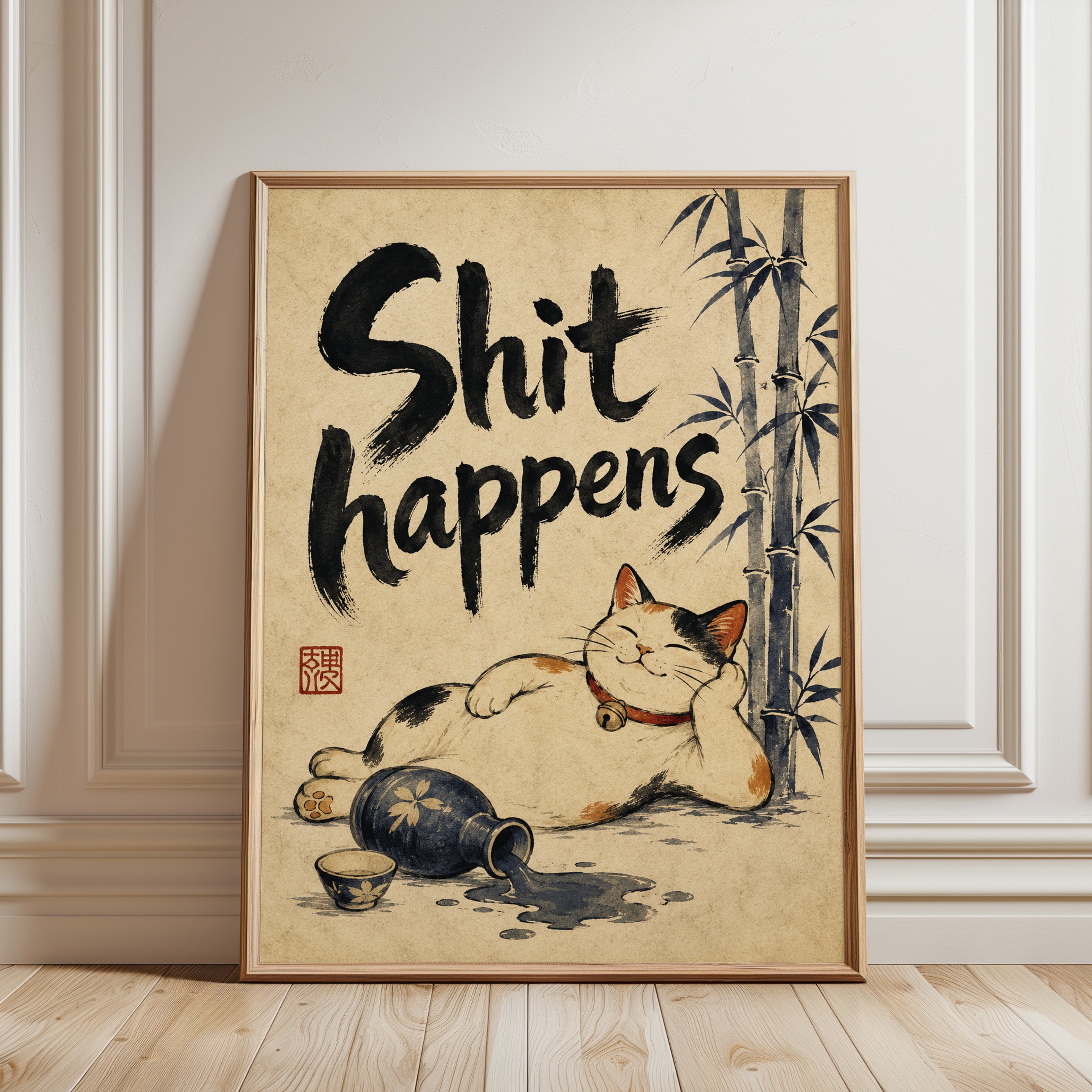 Funny Bathroom Wall Art – Cat Humor Print - framed detail