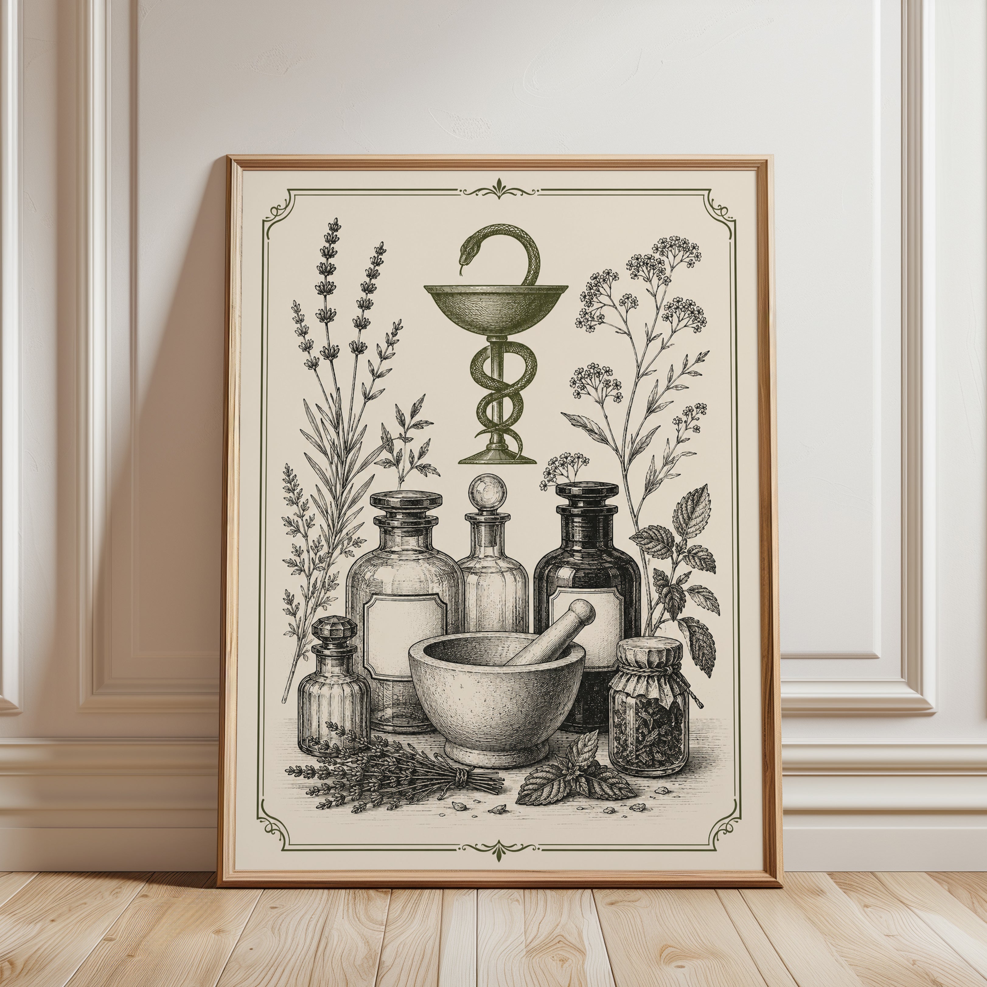 Apothecary Caduceus Print: Vintage Botanical Medicine Art - framed detail