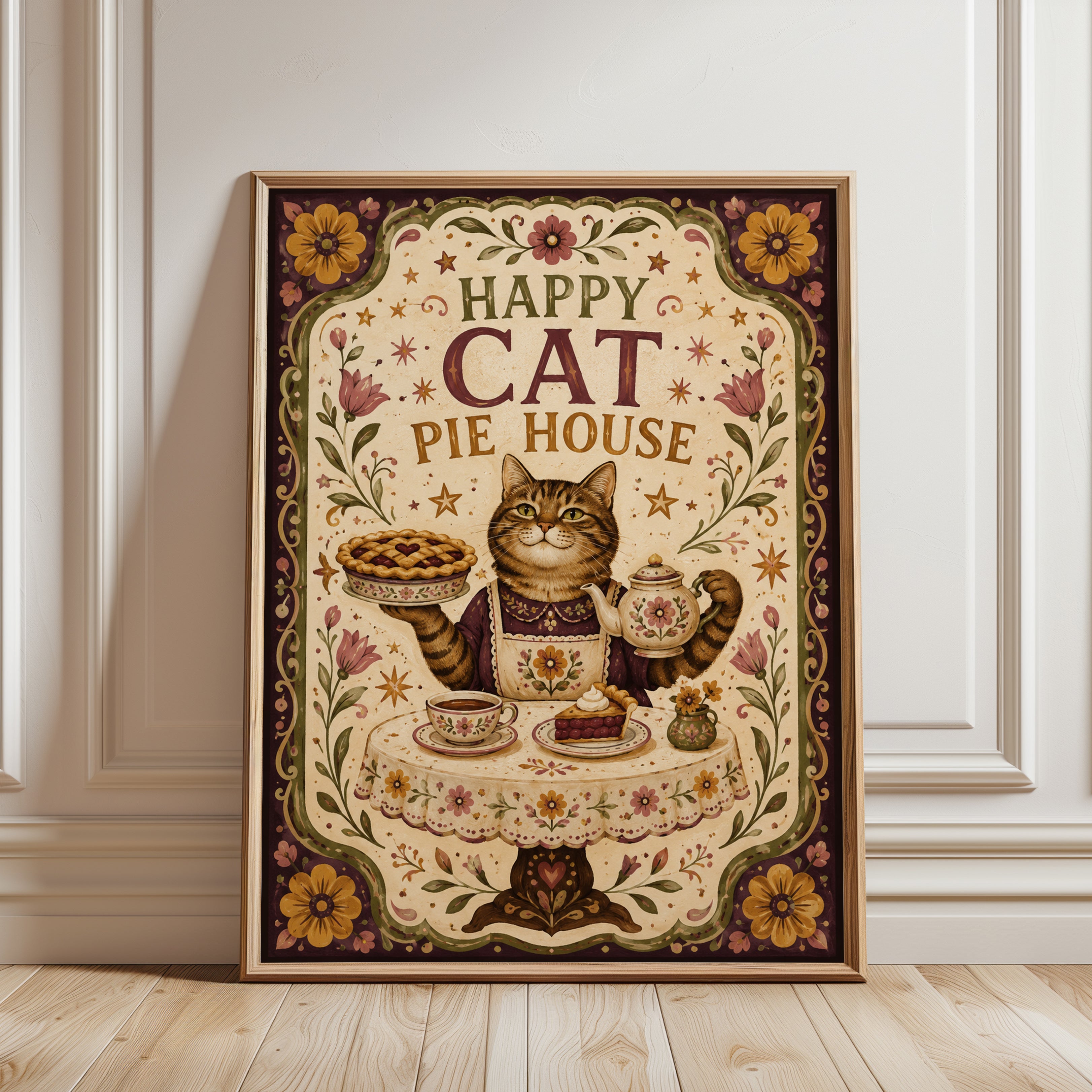 Folk Art Cat Print – Whimsical Tabby Pie House - framed detail