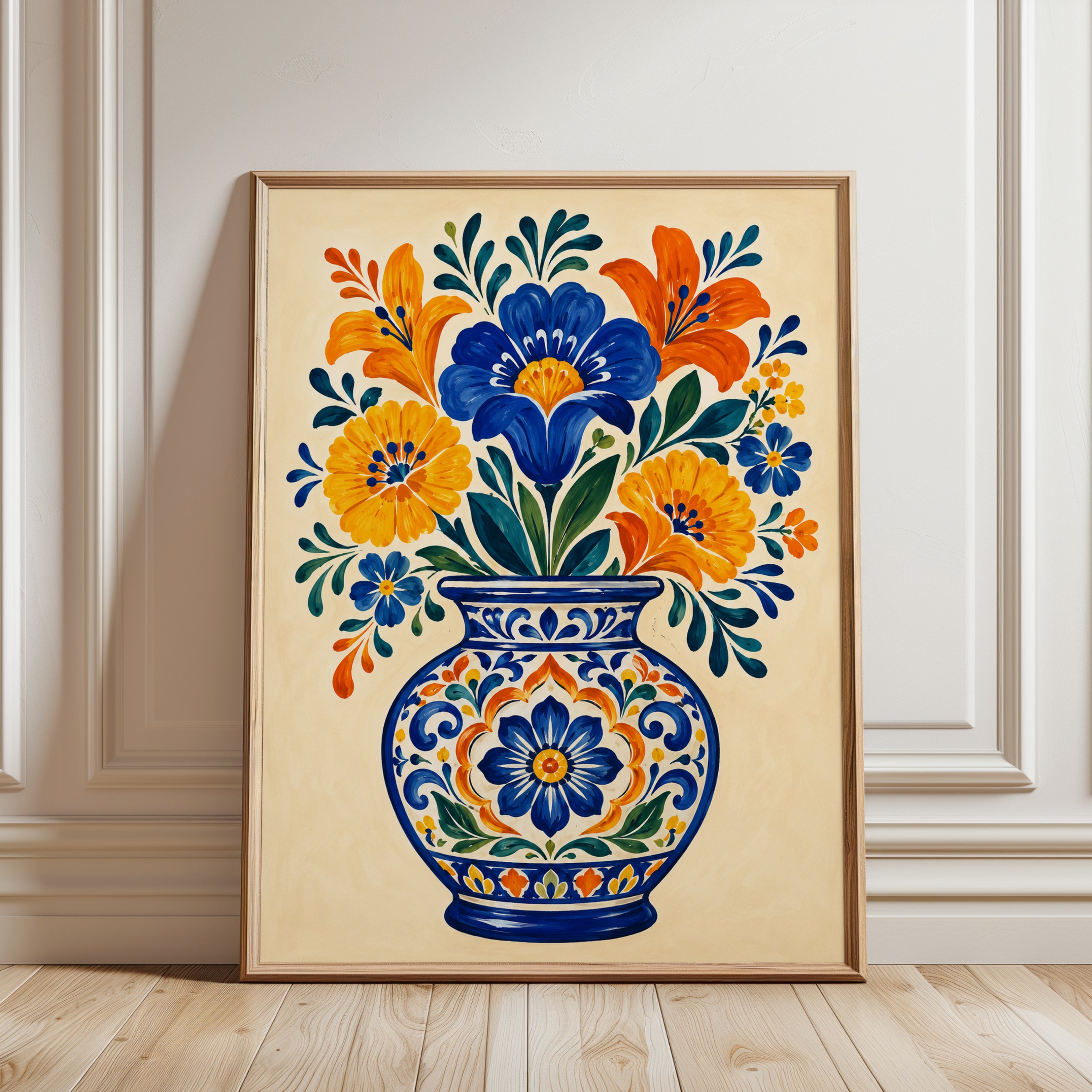 Folk Art Vase Print – Floral Pottery Wall Art - framed detail
