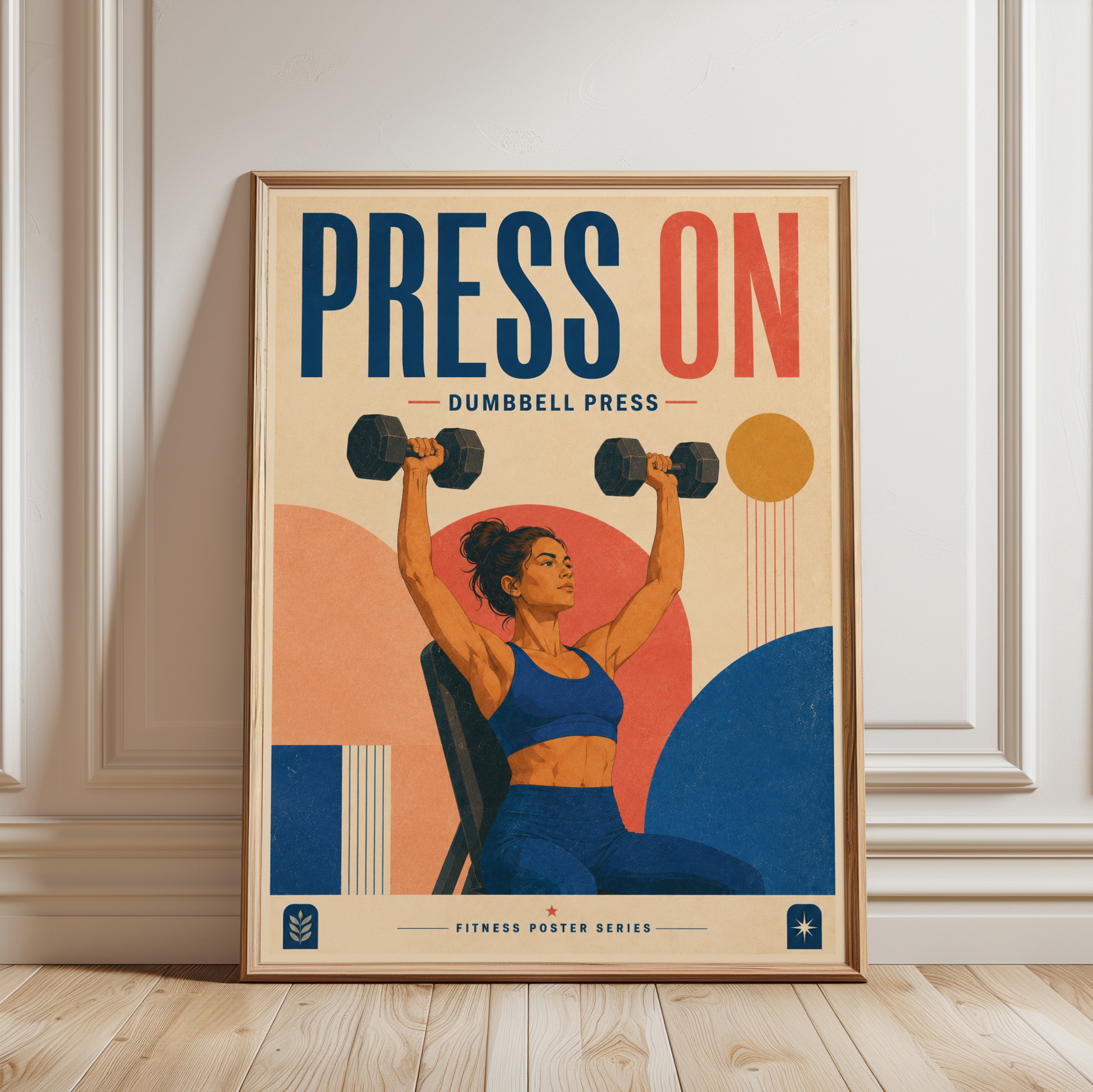 Press On Dumbbell Fitness Poster: Retro Art Deco Gym Wall Art - framed detail