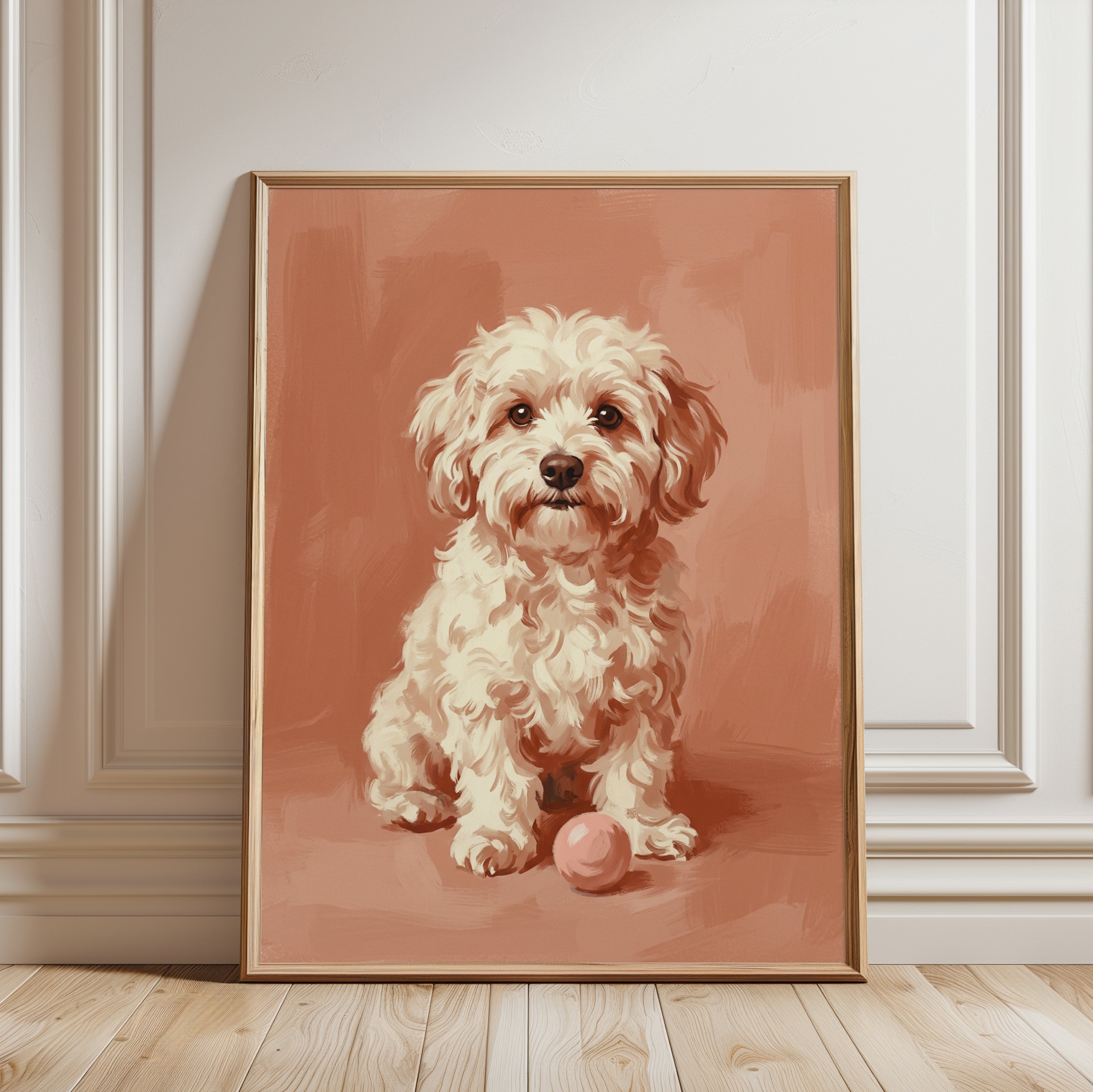 Cockapoo Dog Portrait: Warm Coral Tones Wall Art - framed detail