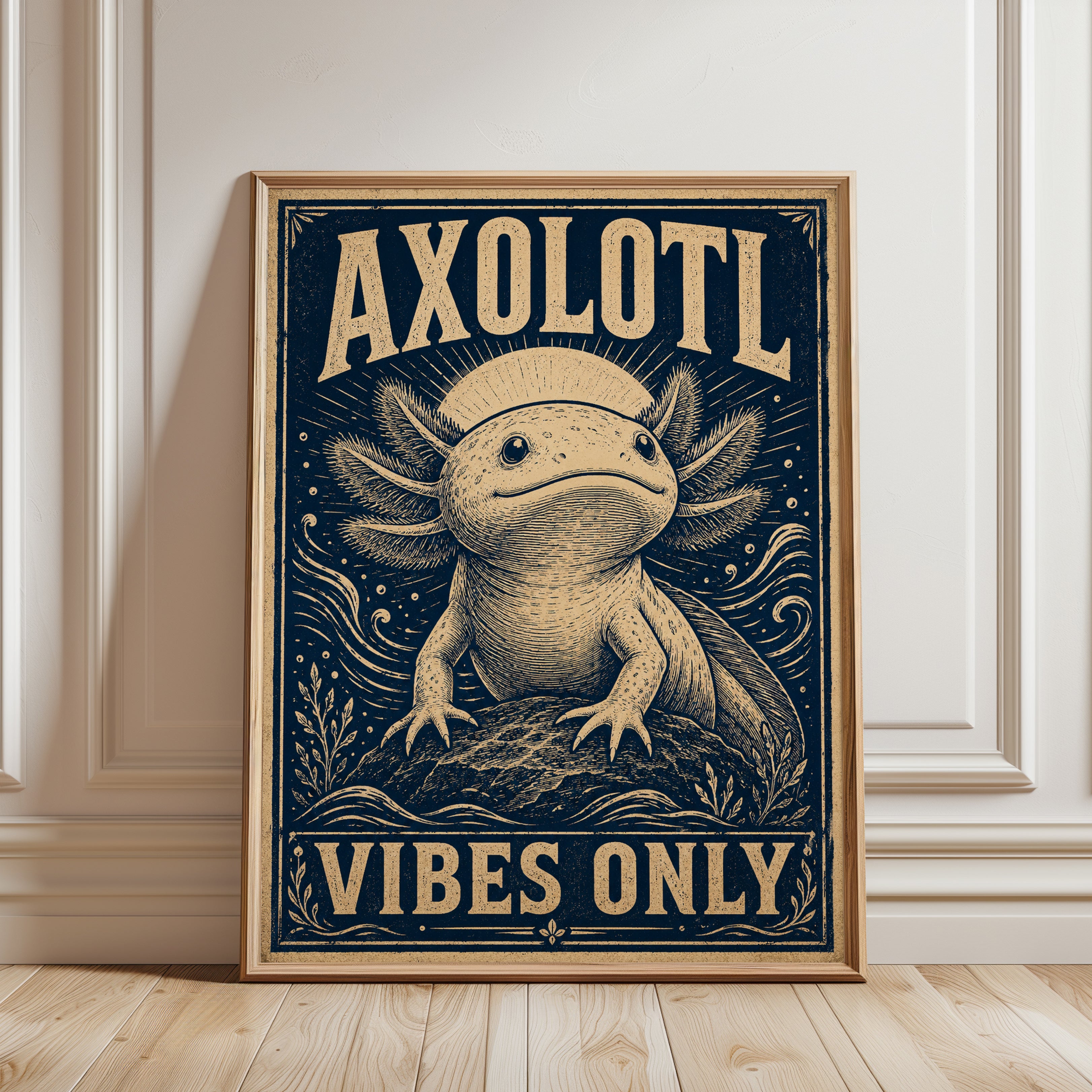 Axolotl Wall Art Print: Quirky Retro Linocut - framed detail