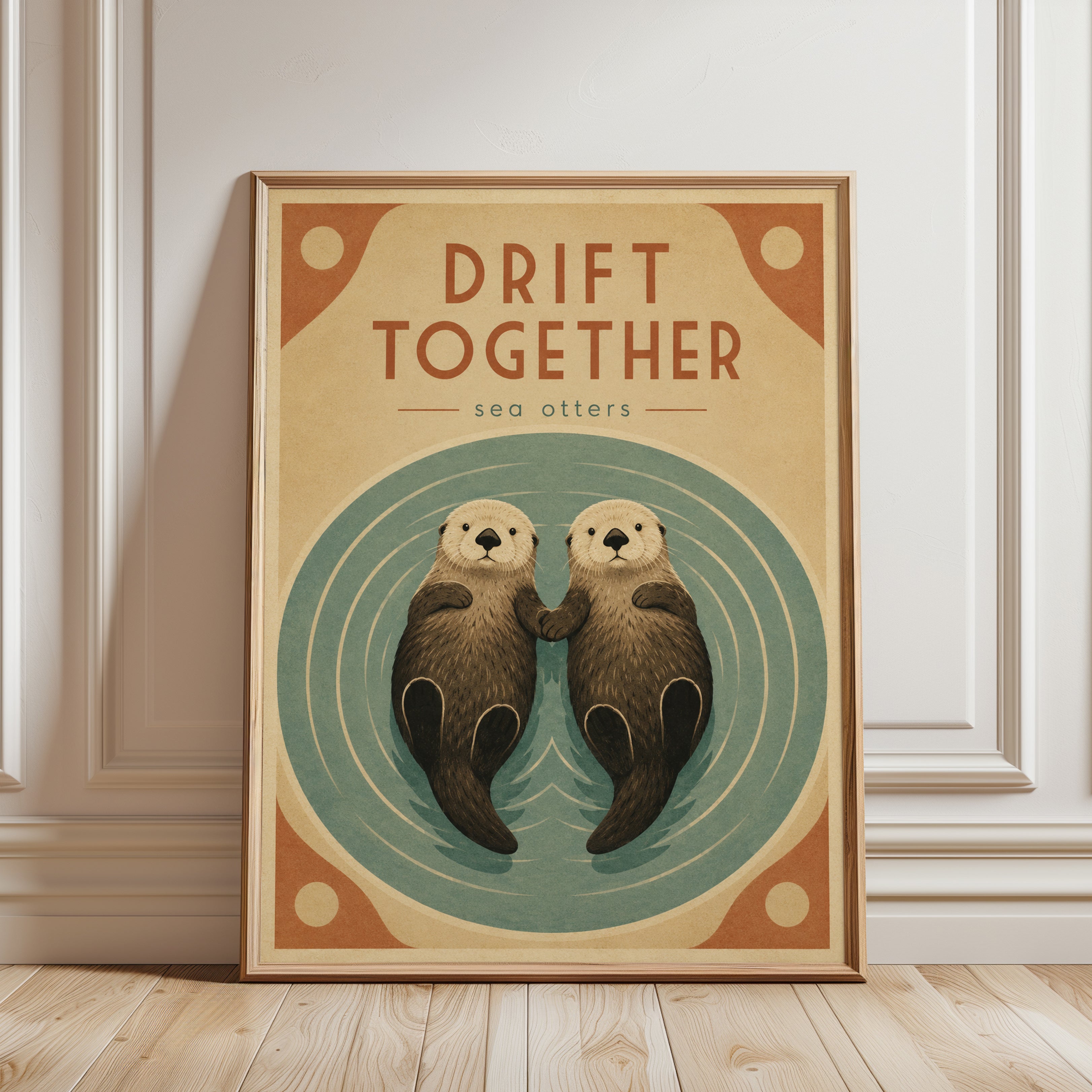 Drift Together Sea Otters Print: Vintage Style Wildlife Art - framed detail